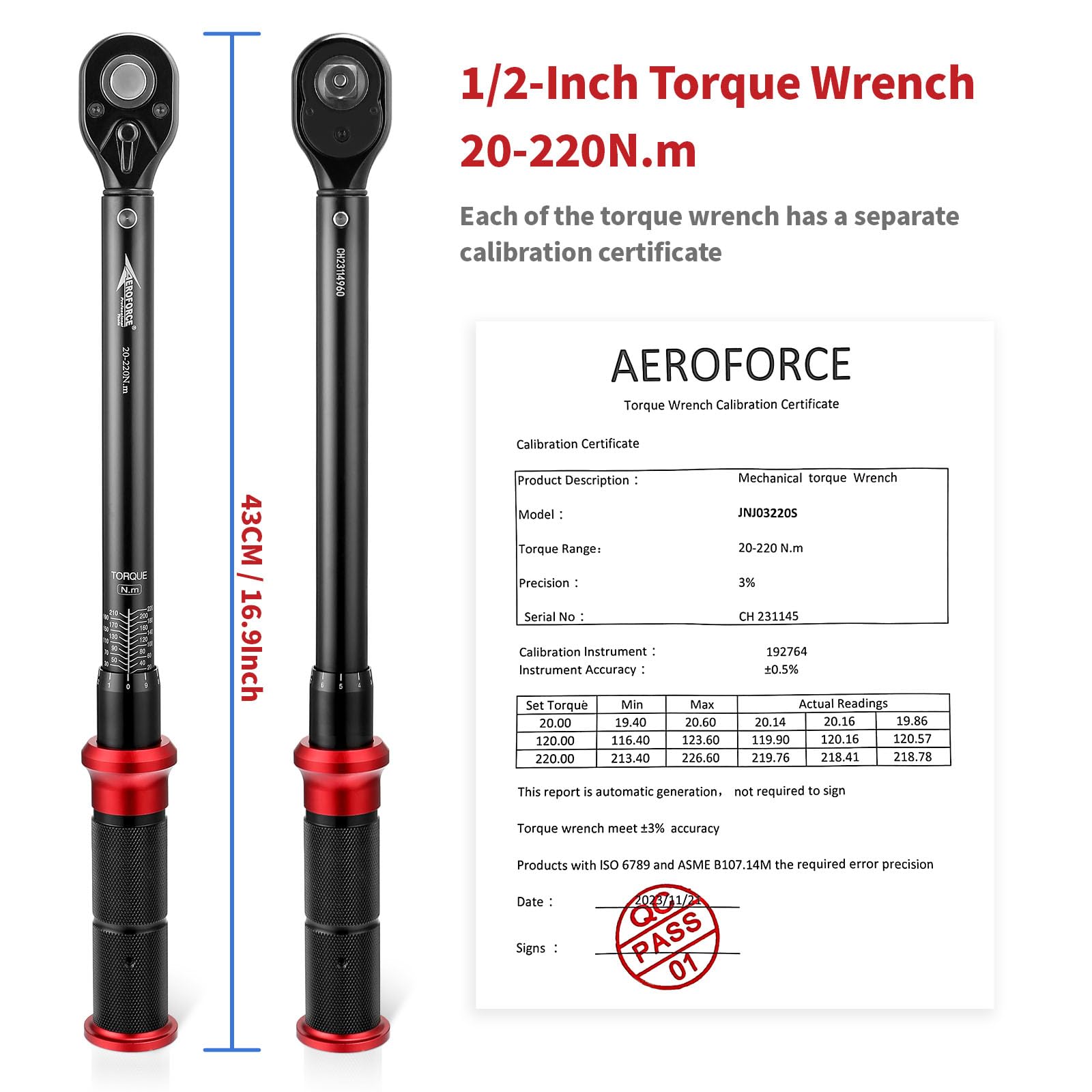 AEROFORCE Chiave Dinamometrica 1/2", Alta Precisione ±3%, 20-220NM, Chiave Dinamometrica con Scatola di Immagazzinaggio Per Auto Moto Riparatori