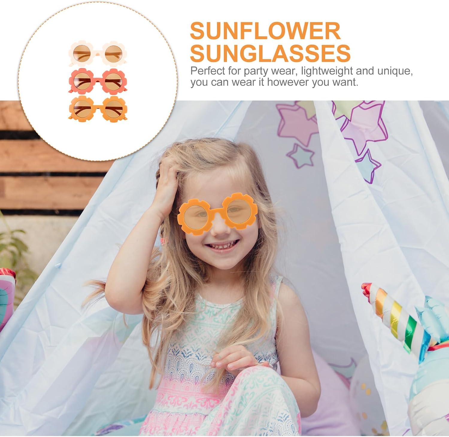 Ciieeo 3pcs Sunflower Sunglasses for Boys, UV Protection Sunglasses with Orange and Cream Frames, Fun Lightweight Eyewear for Outdoor Play and Parties