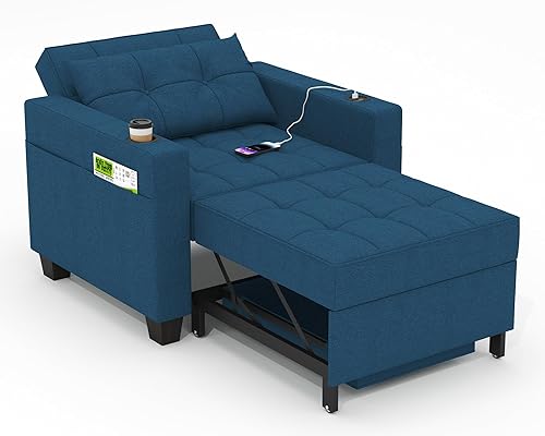 DURASPACE Modern Recliner Chair Bed – Adjustable Backrest, USB Port, Cup Holder, Storage Basket, Converts To Sleeper Sofa (Dark Grey Linen)