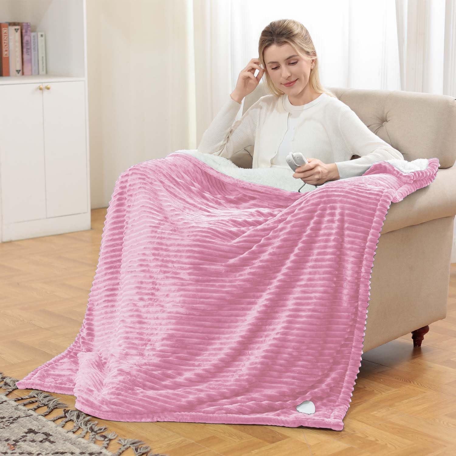 Heizdecke mit Abschaltautomatik 180 x 135cm | 6 Heizstufen Überhitzungsschutz,Elektrische Wärmedecke Bett Wärme Decke für Home & Office Flanell Maschinenwaschbar Rosa