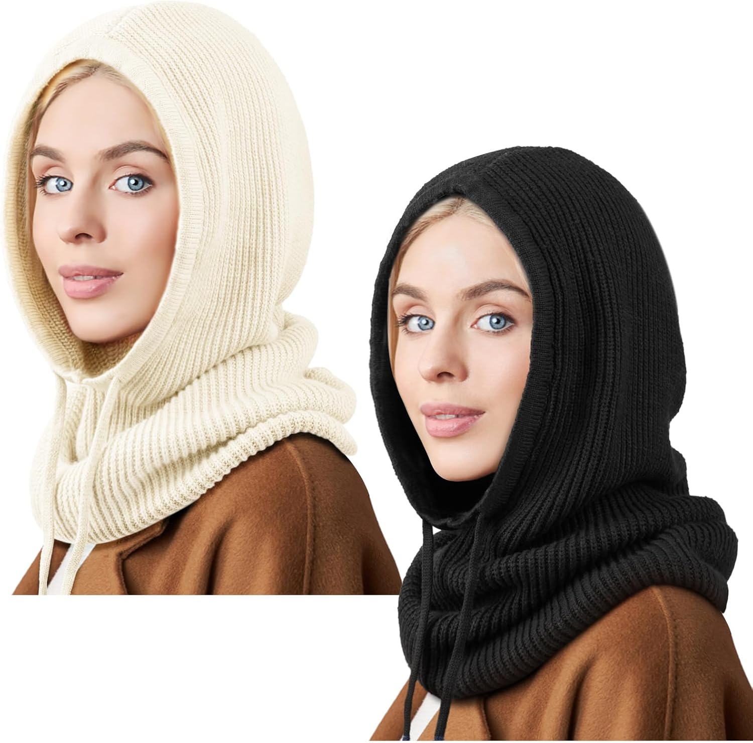 DRESHOW Winter Hats for Women Balaclava Knit Beanie with Adjustable Drawstring Warm Hooded Scarf Skull Cap
