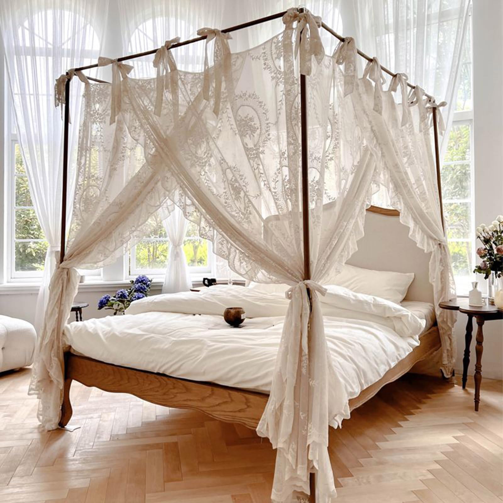 Elegant Princess 4 Corners Post Princess Curtain Bed Canopy Cozy Mosquito Net Mesh and Cloth for Girls Adults Bedroom Decoration