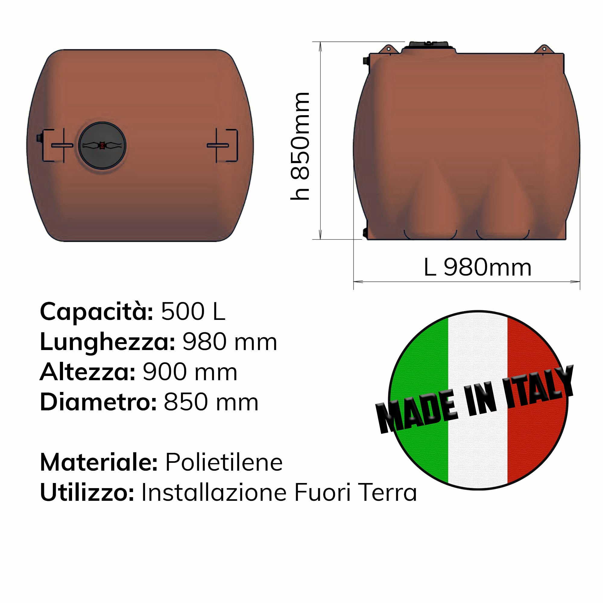 ESTO Serbatoio Acqua per Acqua Potabile 300L - 500 L, Cisterna Color Terracotta in Polietilene per Uso Esterno Predisposizione Rubinetto, Resistente Made in Italy (500 Litri)