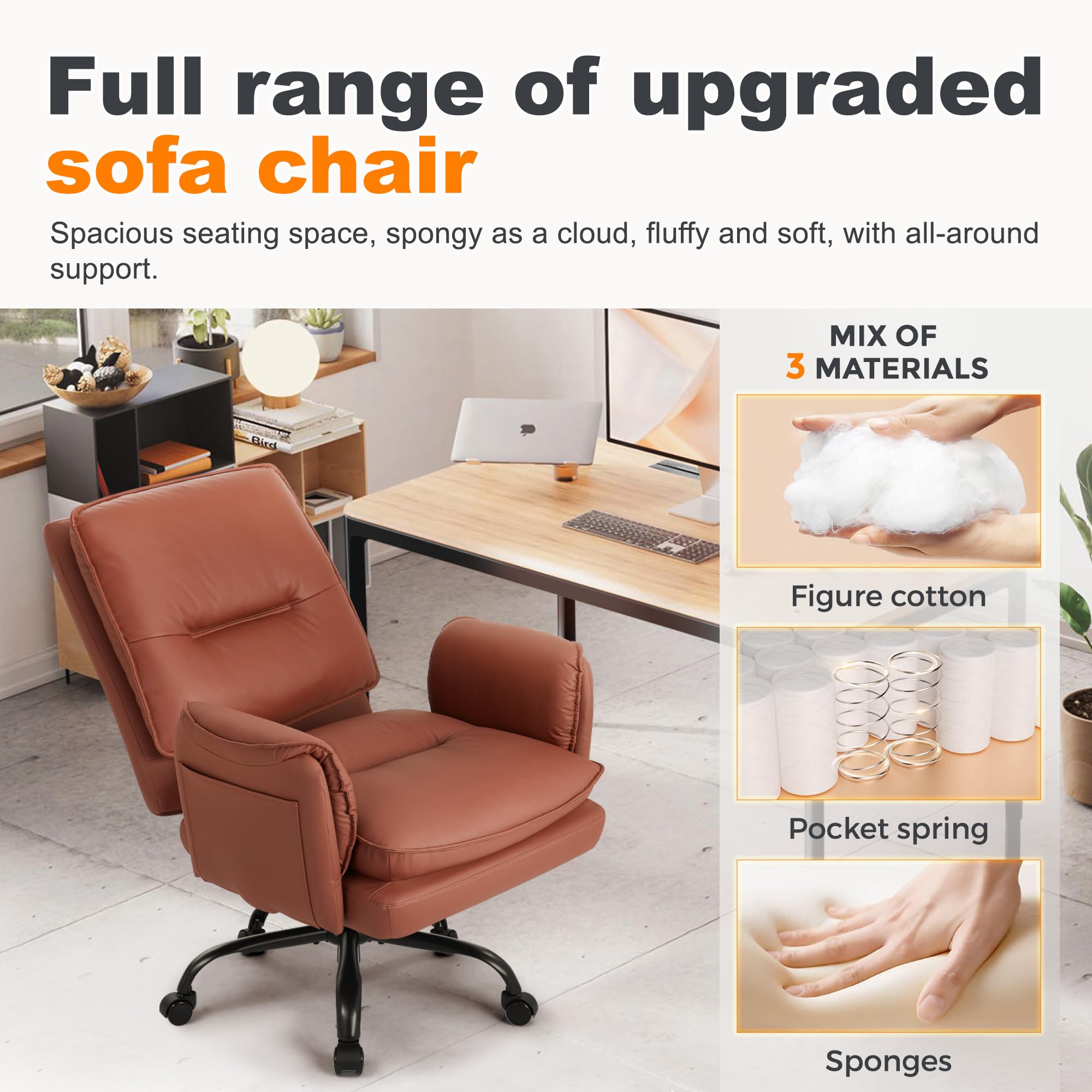 BRTHORY Grote en Lange Bureaustoel 200KG PU Leer Ergonomische Executive Bureaustoel Zware Stoel