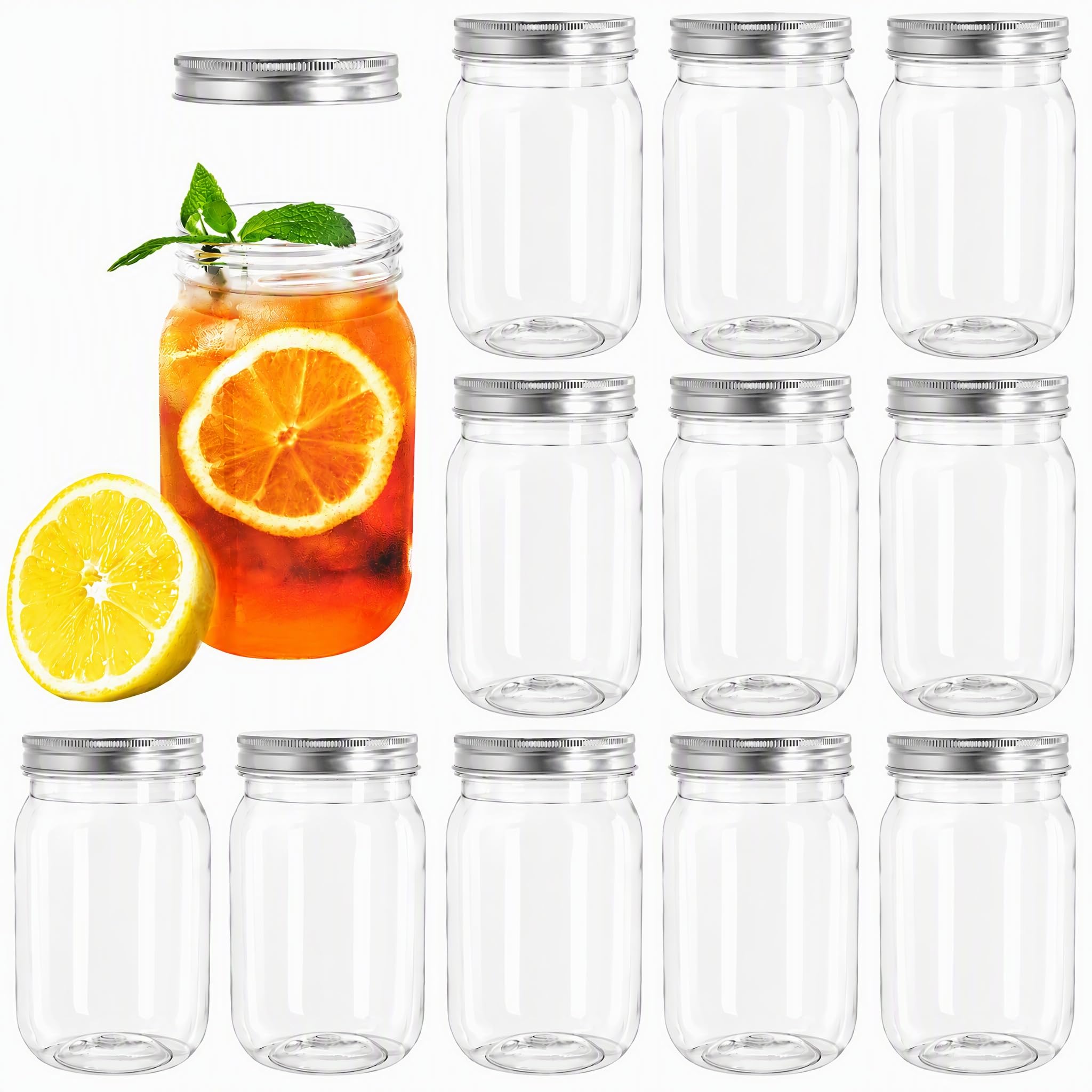 Tebery Lot de 12 bocaux Mason en plastique transparent avec couvercles monobloc, 473,6 g, incassables, vides rechargeables pour avoine, miel, épices et herbes