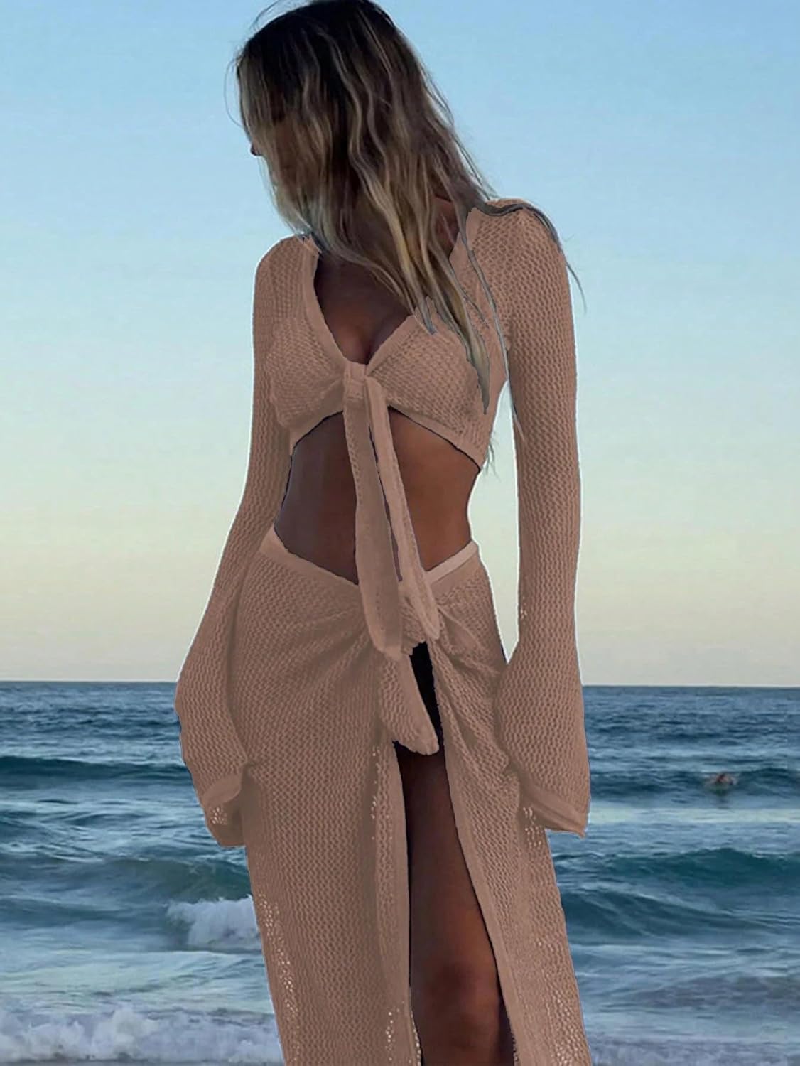 Women's Solid Color Neck Long Sleeve Top And Skirt Set cover ups for swimwear