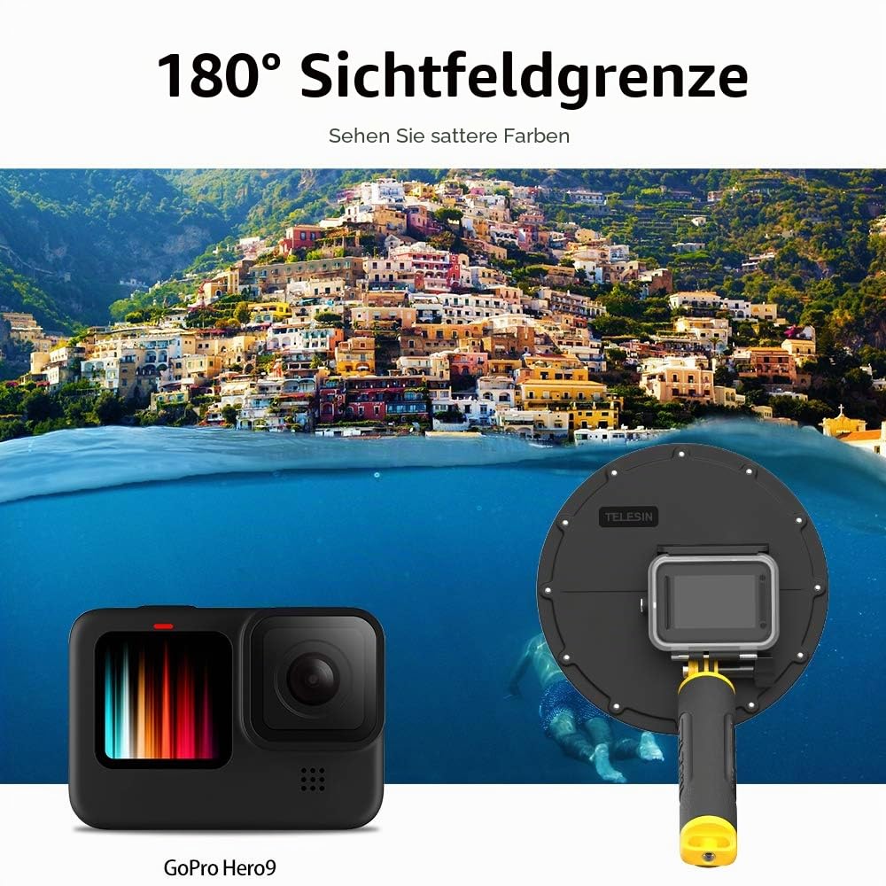 TELESIN Dome Port für GoPro Hero 13 Hero 12 Hero 11 Hero 10 Hero 9 Black, wasserdichte Schutzhülle mit schwimmendem Griff, kompatibel mit Go Pro Hero 13/12/11/10/9 Black