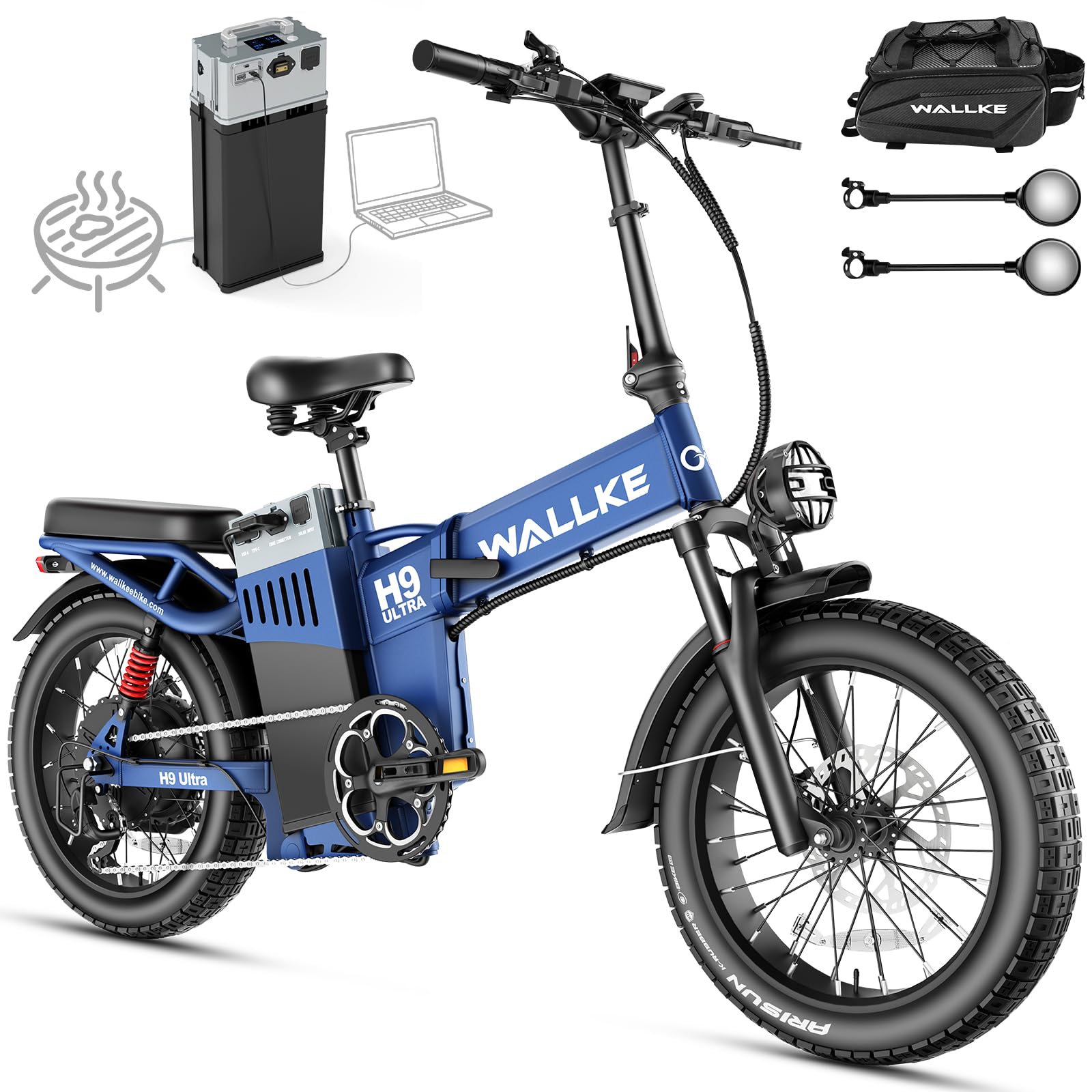 Wallke H9 Ultra 4000W Long Range Electric Bike for Adults, 55Ah 2640Wh 180 Mile, 40MPH Fast Ebike, 2-in-1 AC/DC Power Hub AC/Solar-Charging Battery, Torque Sensor, Air Suspension, 20" Fat Tire E Bike