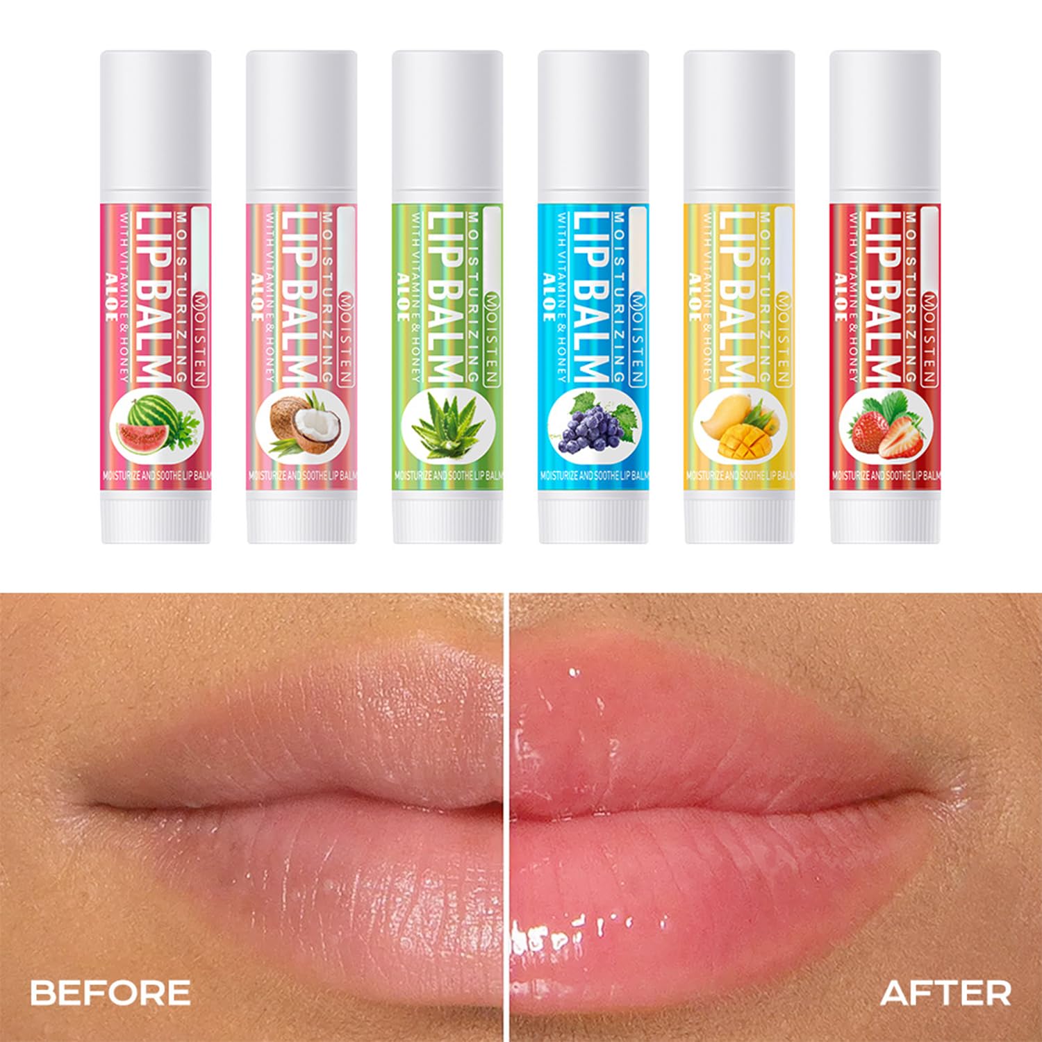 6 Pack Fruit Lip Balm Set - Vitamin E Enriched Moisturizing Lip Care with Natural Honey, Aloe Vera & Coconut Oil, Assorted Flavors for Soft Lips & Perfect Lip Primer