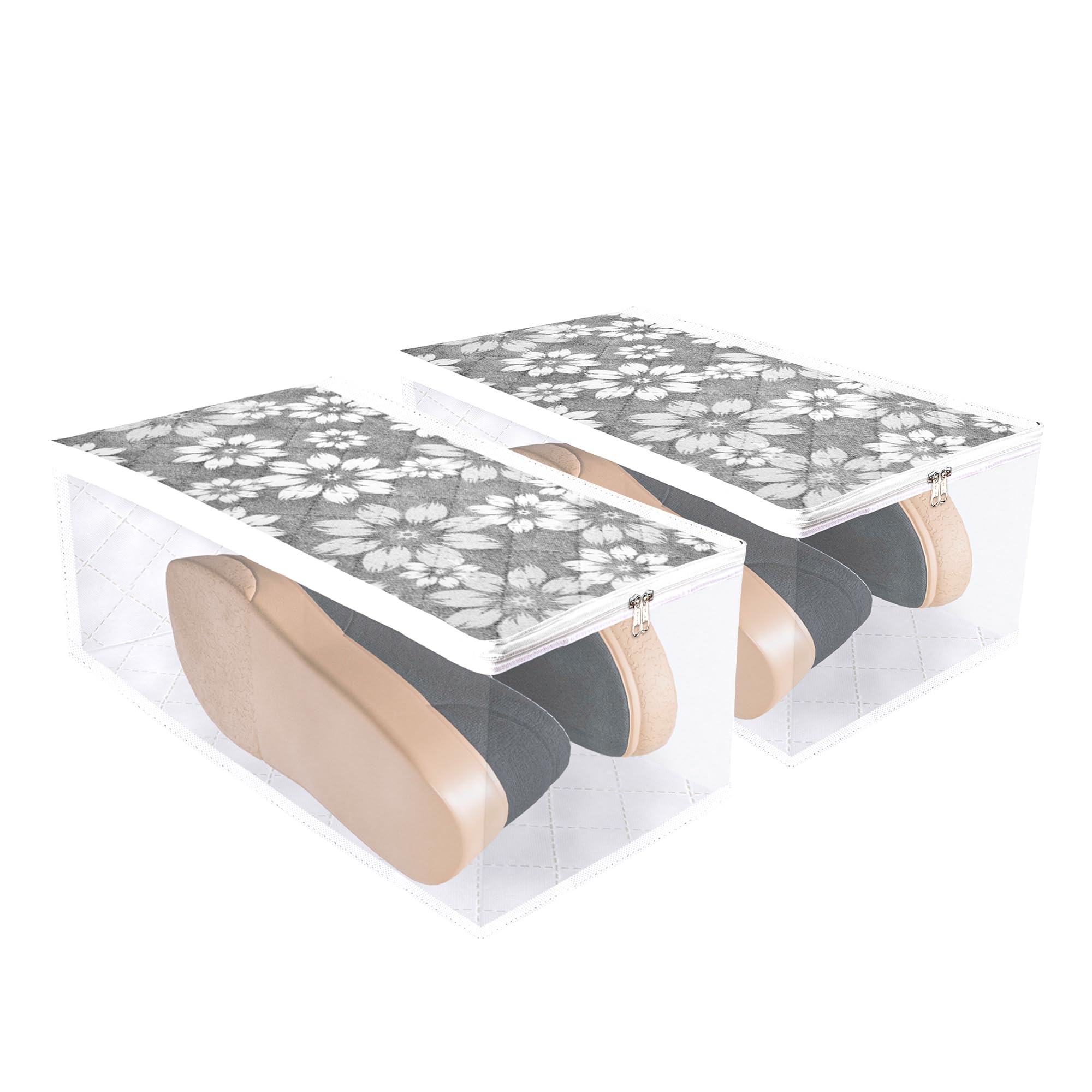 Kuber Industries Pack of 2 Waterproof Shoe Cover With Side Visible Window | Storage Protector for Travel | Flower Quilted Organizer | Gray-picture-51