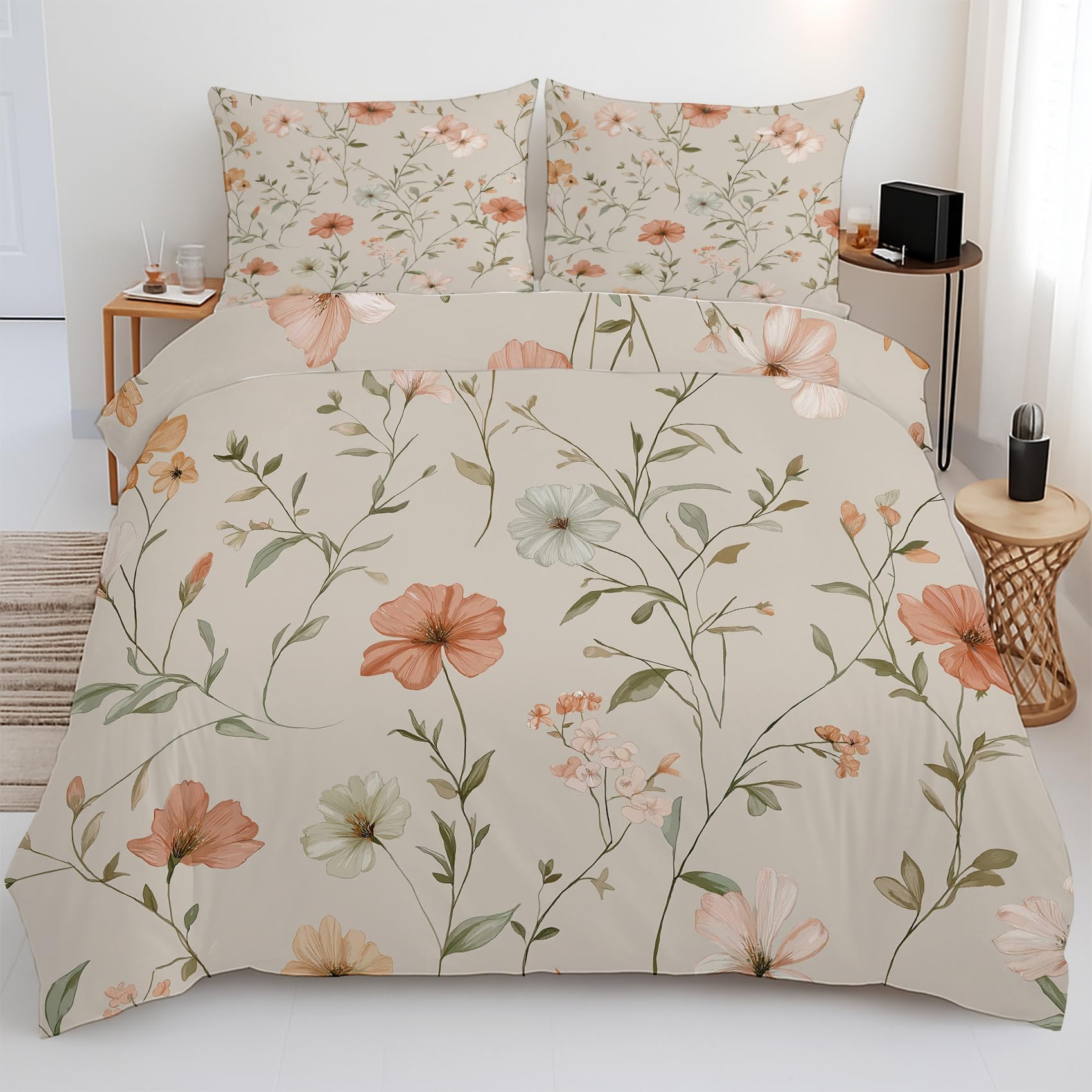 Housse de couette 220x240 motif floral avec zip pour changer de lit sans effort