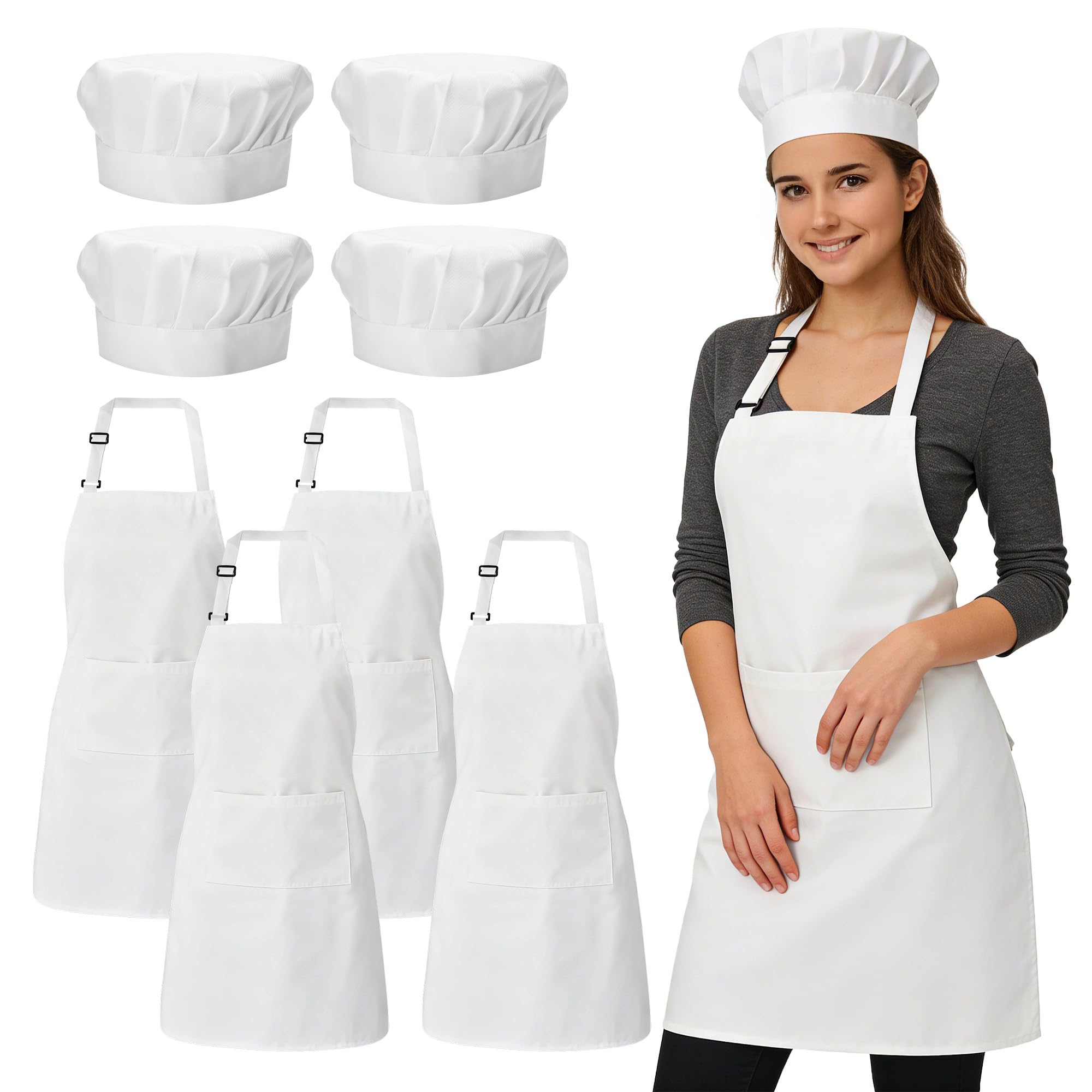 YKUKIZEE 4 Set Chef Hat and Apron Set with Pocket, White Baker Apron Hat Costume, Adjustable Chef Hat Apron Sets for Adult Kitchen Restaurant Cooking Women Men