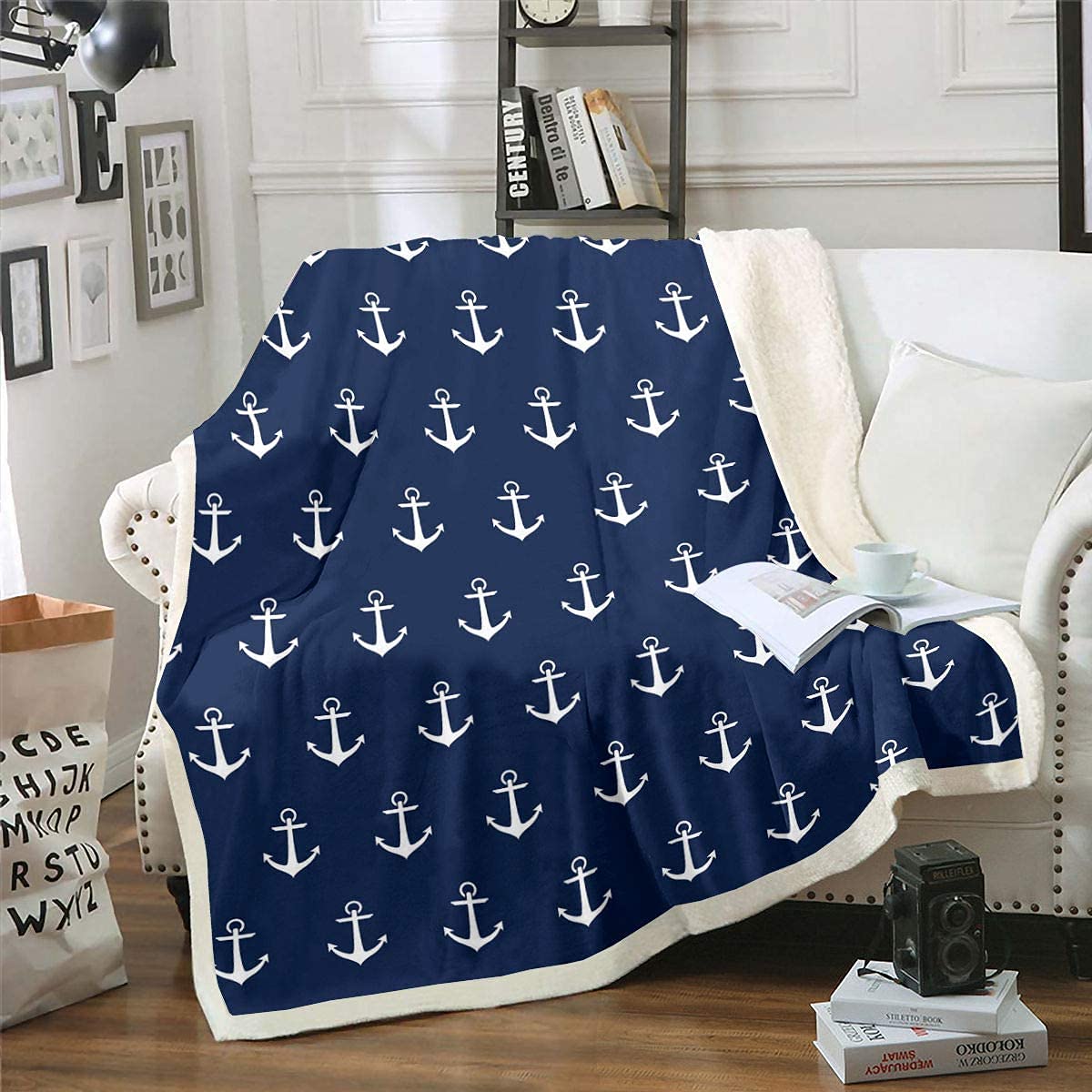 Homemissing Ocean Nautical Plush Blanket Anchor Printed Sherpa Blanket For Kids Adults Sea Adventure Surfing Fleece Throw Soft,Navy Blue,Double 60x79 Inch
