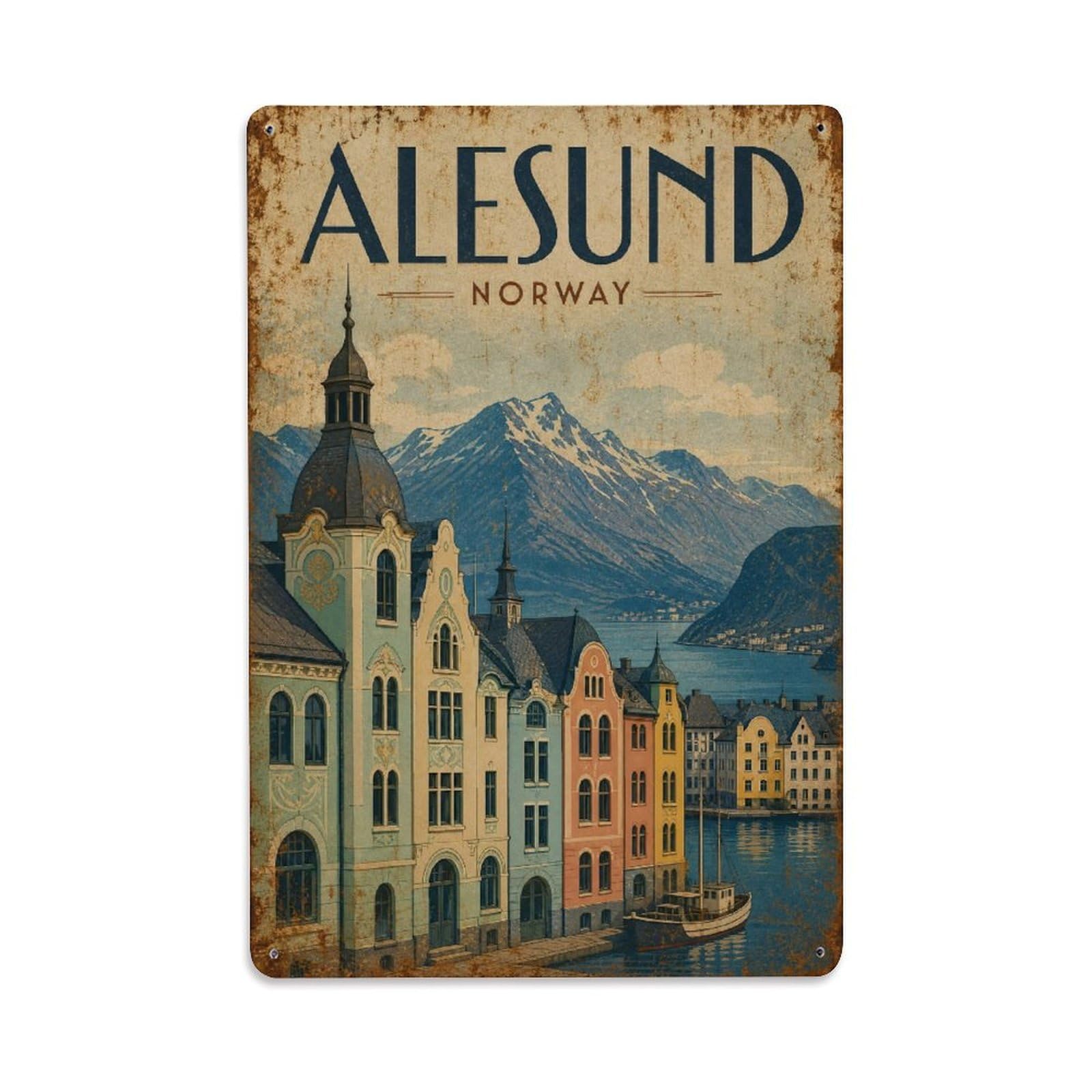 Travel Retro Norway Alesund Metal Tin Sign Plaque Wall Decor for Cafe, Club Bar, Office, Garden Metal Poster 8x12Inch