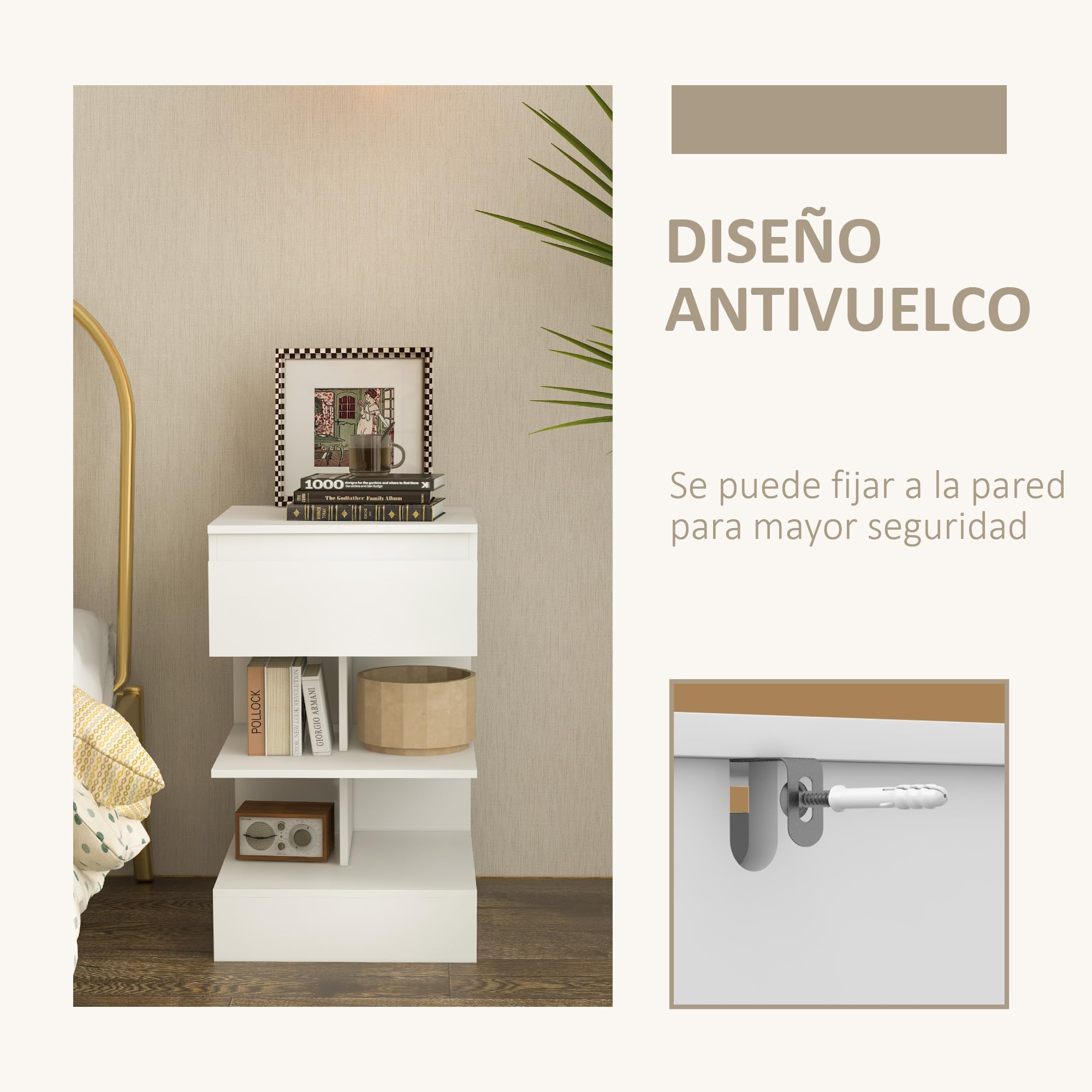 HOMCOM Mesita de Noche Mesa Auxiliar con Cajón para Cama 39x39x65 cm Blanco | 2 Estantes Abiertas, Dormitorio Salón Oficina, Estilo Moderno