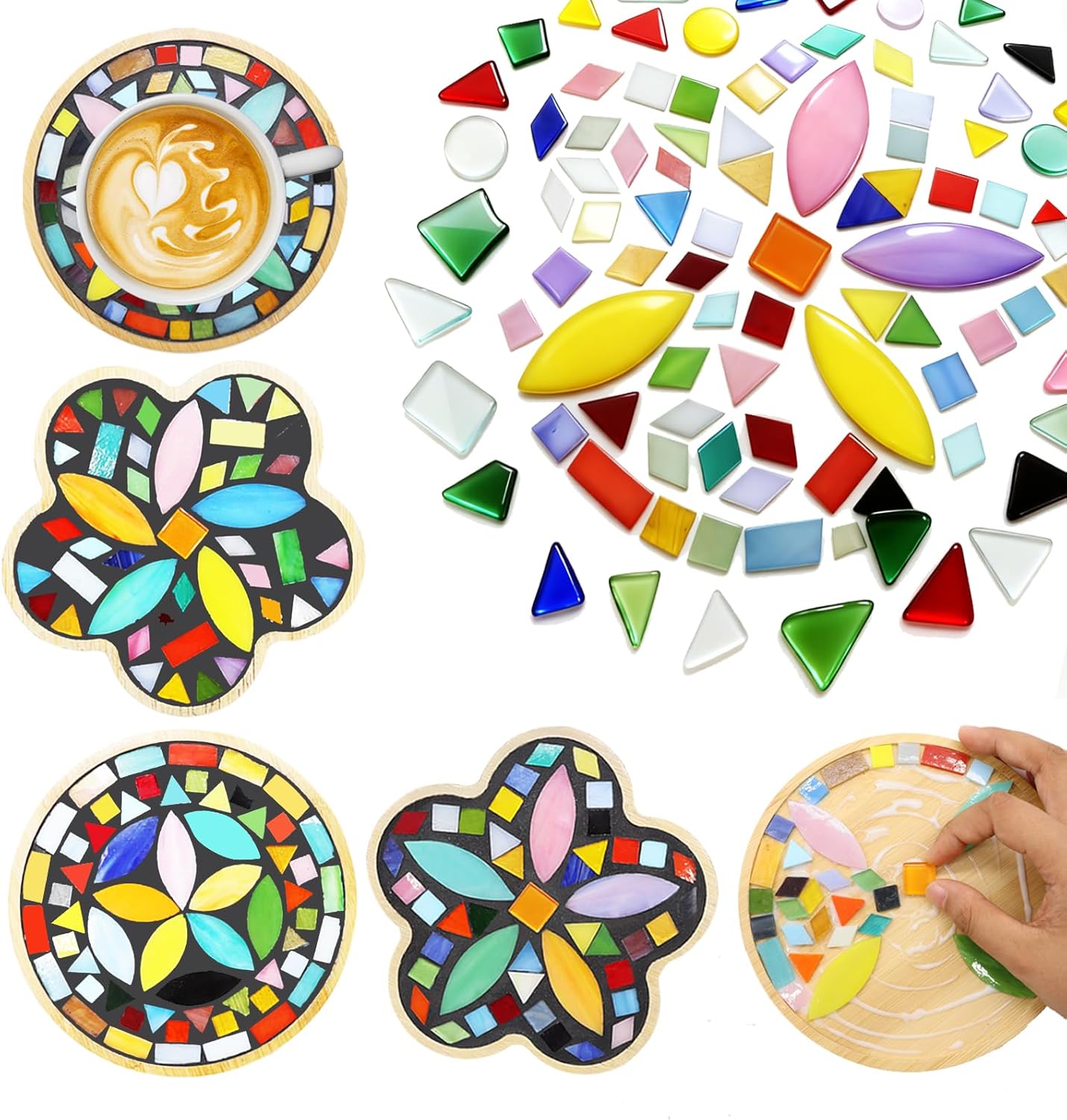 Ukontagood 4 Pack DIY Mosaic Craft Kits, Mosaic Tiles Wooden Coaster Kit, Mixed Stained Glass Mosaic Kit for Handmade Home Decor Gifts