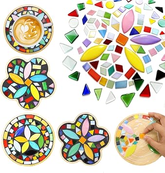 Ukontagood 4 Pack DIY Mosaic Craft Kits, Mosaic Tiles Wooden Coaster Kit, Mixed Stained Glass Mosaic Kit for Handmade Home Decor Gifts