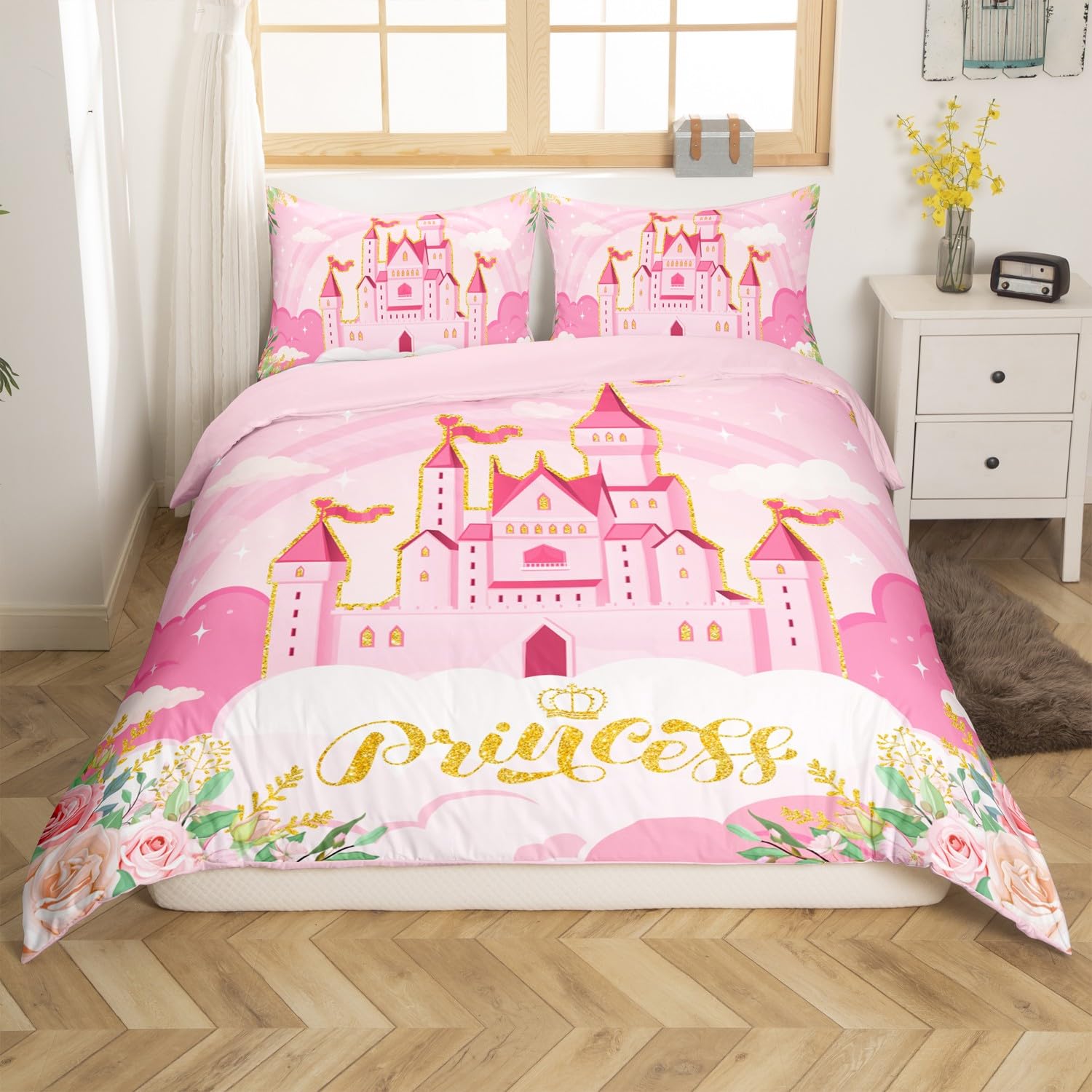 feelingyou Princess Duvet Cover Double Size,Pink Castle Dreamy Flowers Comforter Cover for Adults Kids Bedroom Decor,Fairy Tale Theme for Girl Comfortable Bedding Set 2 Pillowcases,No Comforter - Image 4