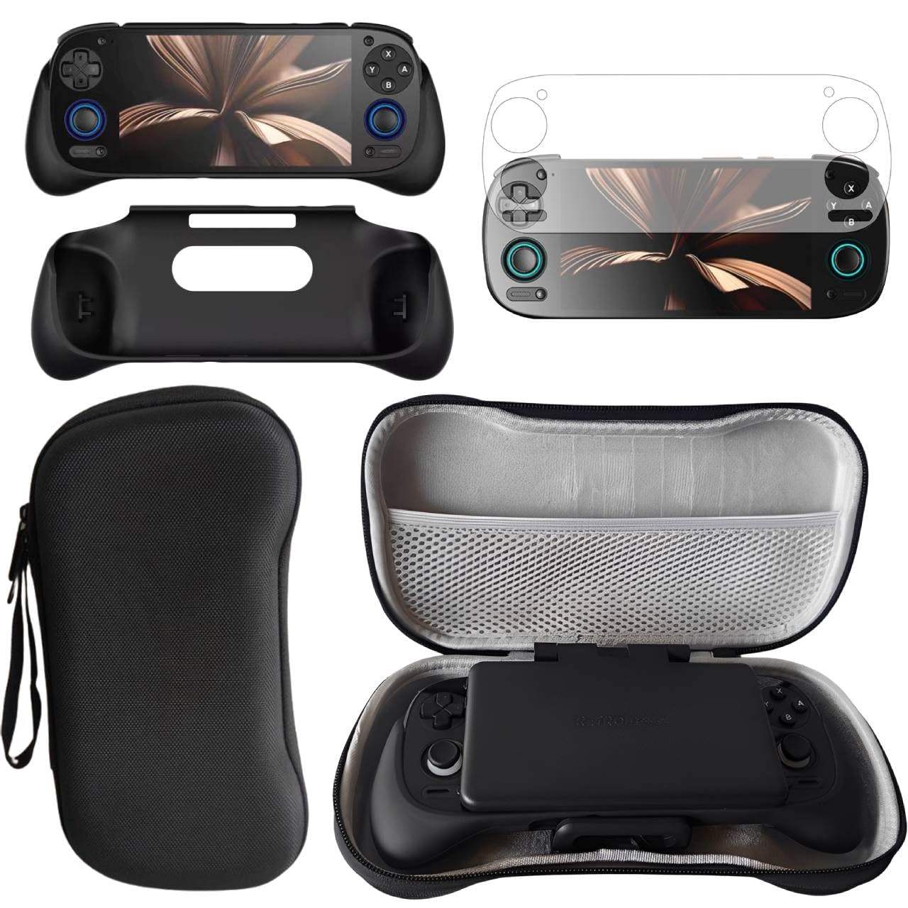 Carrying Case for Retroid Pocket 5 Game Console , 3-in-1 Accessories Kit included Game Console Storage Bag, TPU Grip Protective Cover Case and Tempered Glass Screen Protector (Black)