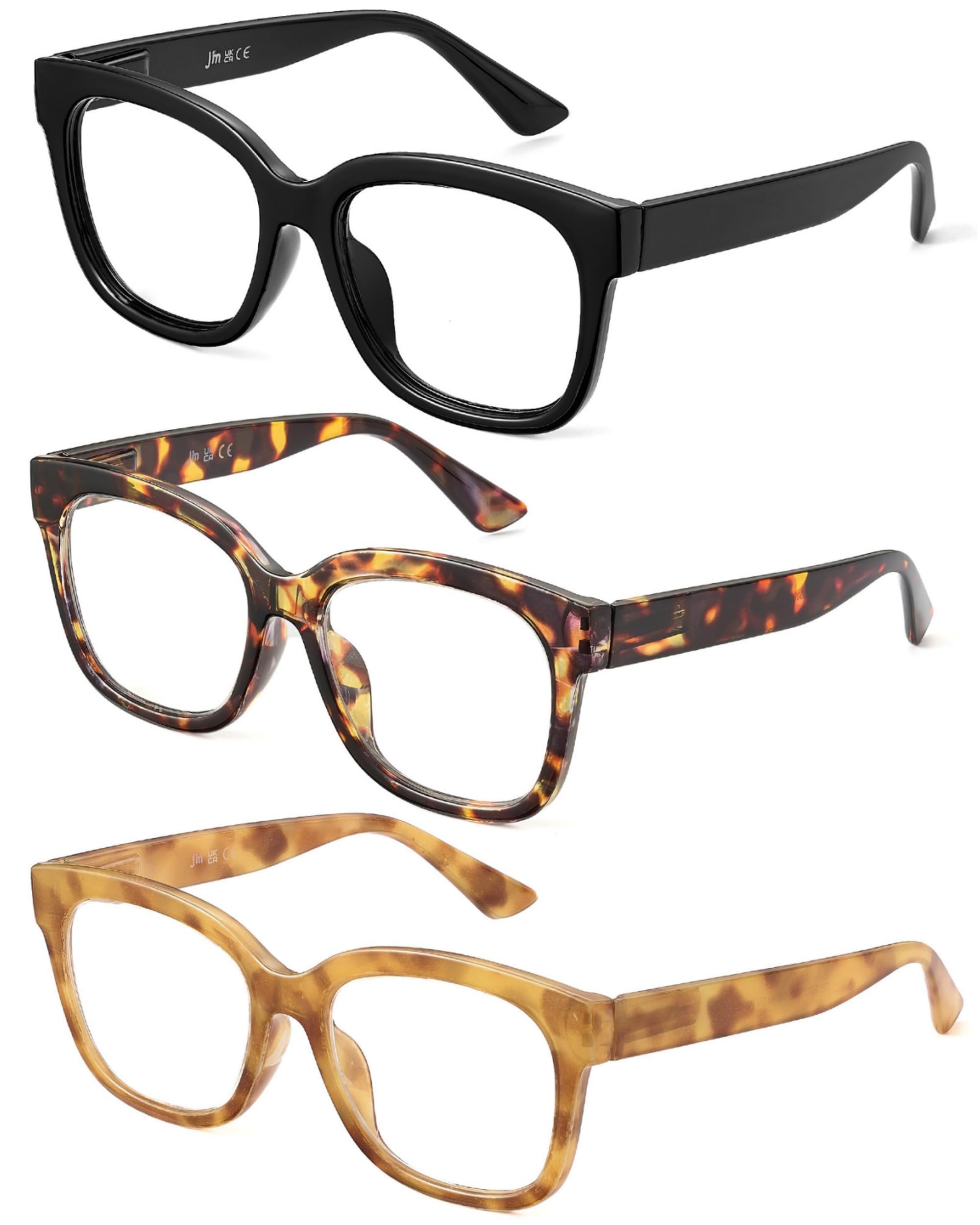 Jm Women's #2 3 Pack Mixed Color 3 Pack Oversized Reading Glasses For Large Square Blue Light Blocking Computer Readers Spring Hinge, +0.0,(Black & Tortoise & Brown Tortoise)