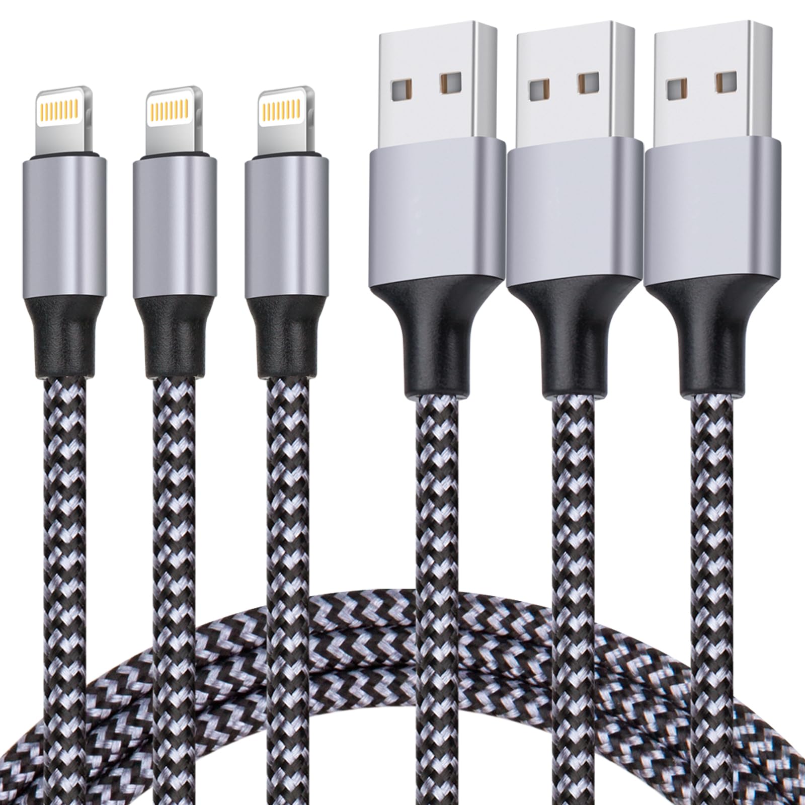 iPhone Charger, Lightning Cable 3PACK 6FT MFi Certified USB Charging Cord Black