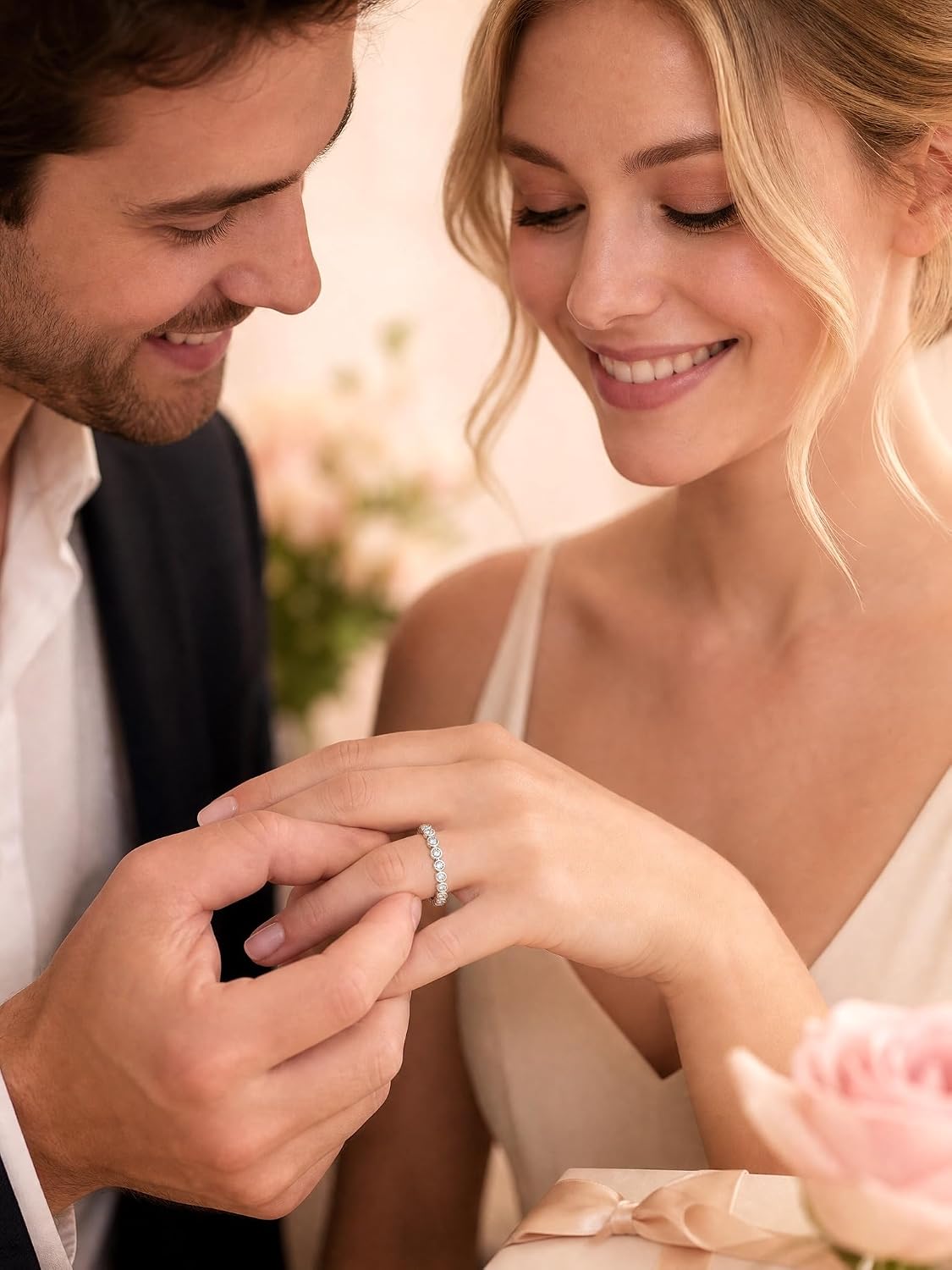 Moissanite Eternity Stackable Ring for Women, 18K White Gold Plated Bezel Set Dainty Full Eternity Band, D Color VVS1 Thin Wedding Promise Anniversary Ring Size 5-11