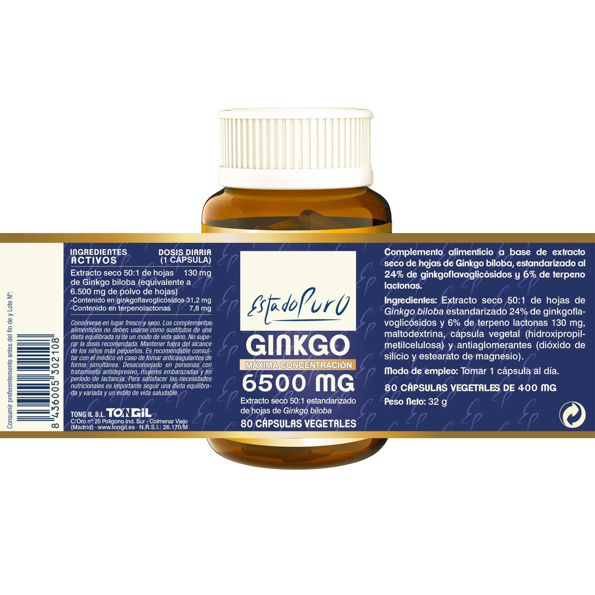 Ginkgo Biloba Estado Puro 6500mg | Extracto Estandarizado y Máxima Concentración | 24% de Flavonoides y 6% de Terpenos | Memoria y Concentración + Circulación | 80 Cápsulas de Tongil (Lote de 1)