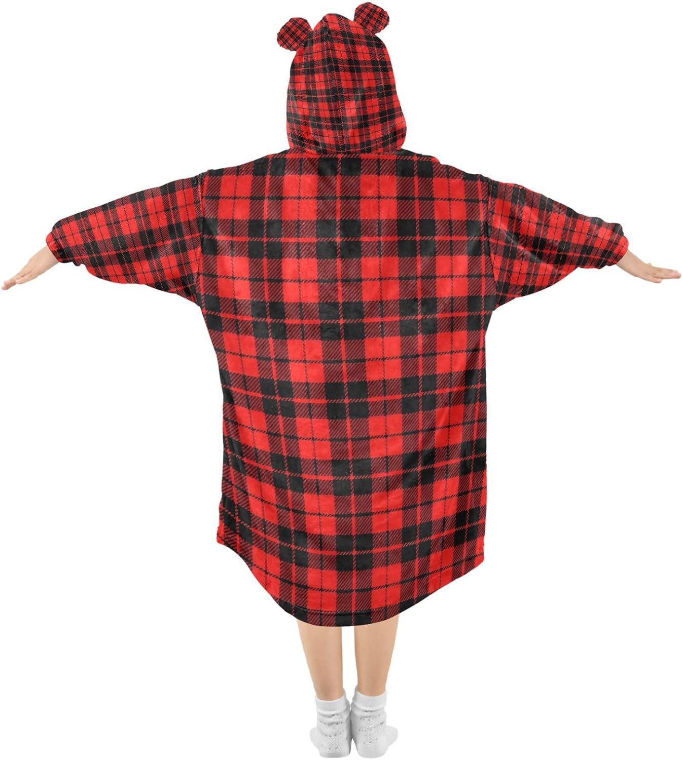 Kigai Tartan Plaid Wearable Blanket Hoodie for Kids Oversized Hooded Blanket Warm & Cozy Sweatshirt with Pockets
