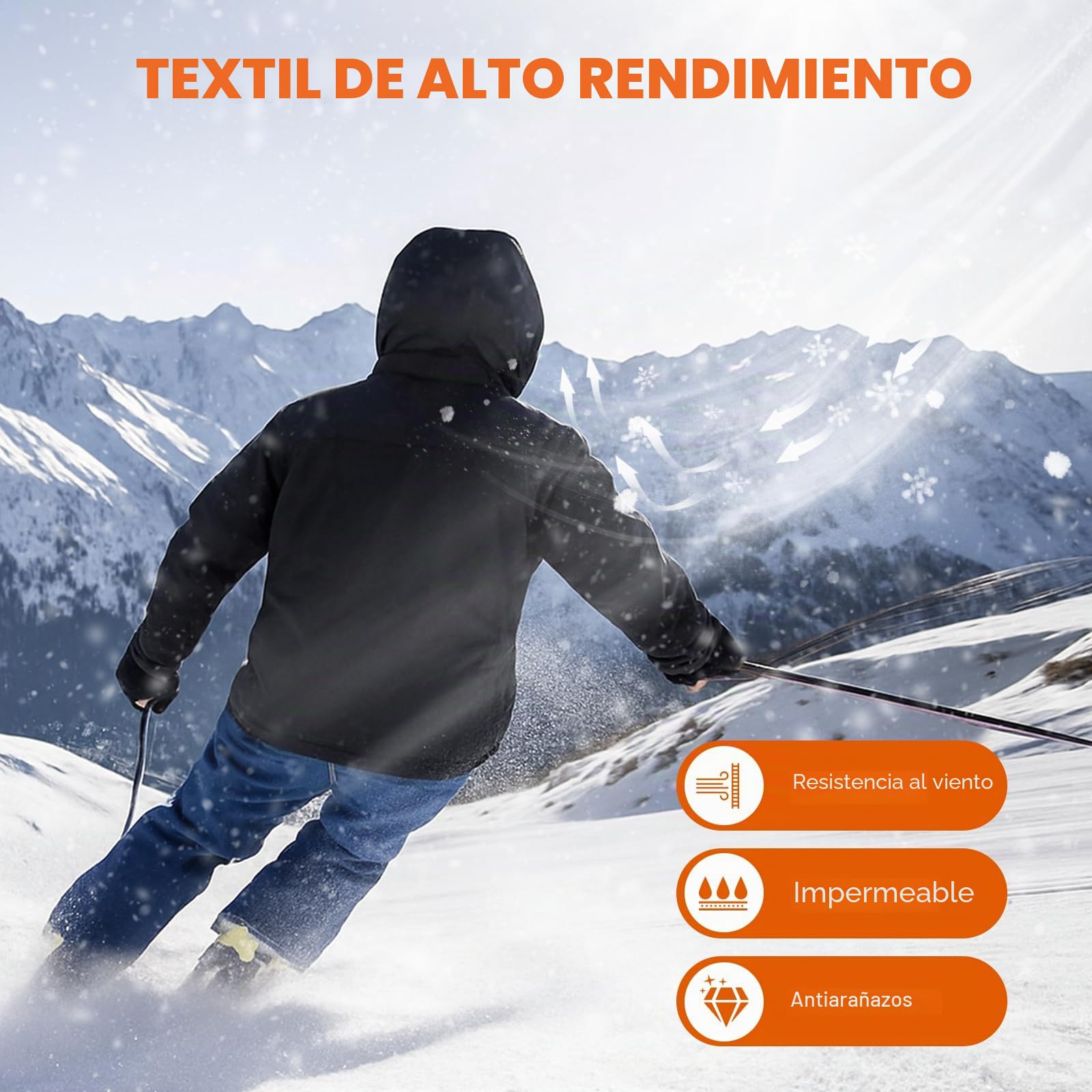 Chaqueta Calefactable de Esquí Mujer con Capucha, Impermeable y Cortaviento, Forro Polar, Batería 20000mAh, 6 Zonas de Calefacción, 3 Niveles de Temperatura para Esquí y Senderismo