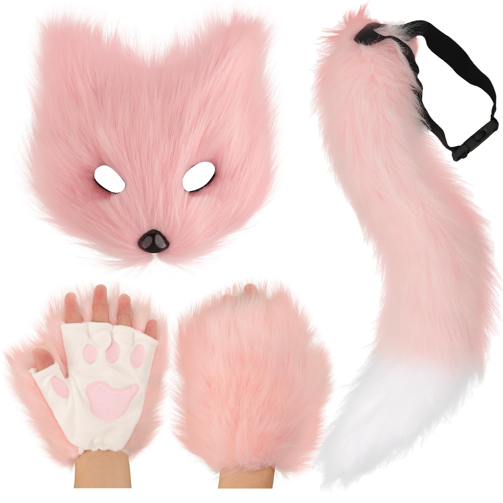 DRESHOW Faux Fur Fox Tail Fluffy Cat Wolf Cosplay Costume Plush Mask Paw Gloves Set Halloween Christmas Party for Girls Women