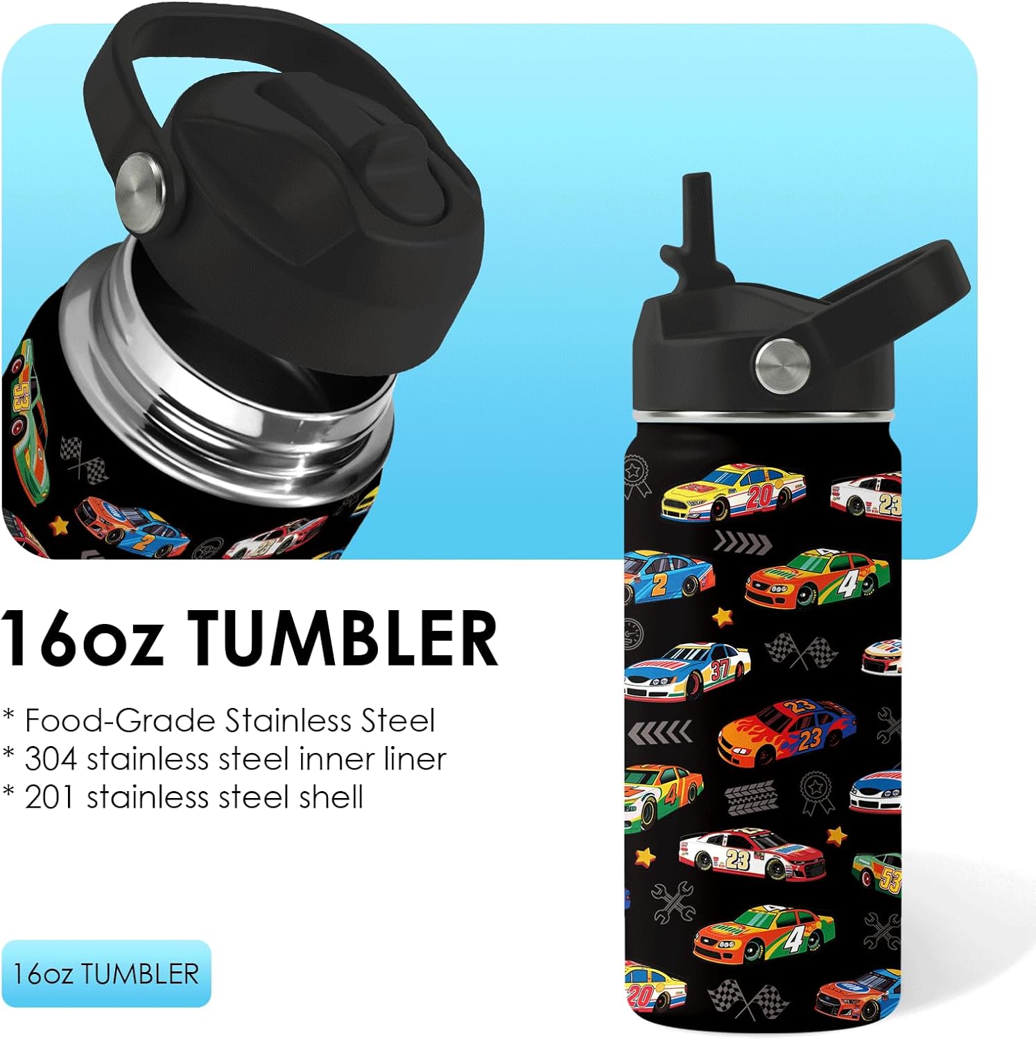 Car Gifts for Boys - 16 oz Water Bottle with Straw Lid, Stainless Steel Insulated Bottle, Leak Proof, BPA-Free, Racing Car Sport Water Bottles for School, Travel, Cars Children Birthday Gift Cup(1pc)