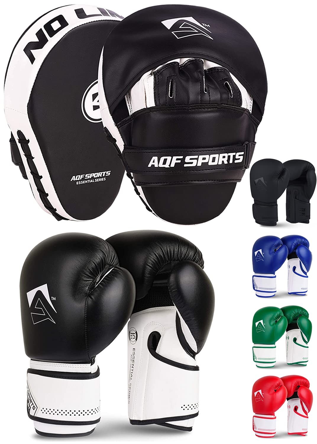 AQF Boxing Gloves & Pads Set for Kickboxing & MMA Muay Thai Punching Glove with Curved Boxing Pads for Martial Arts (14oz, Black)