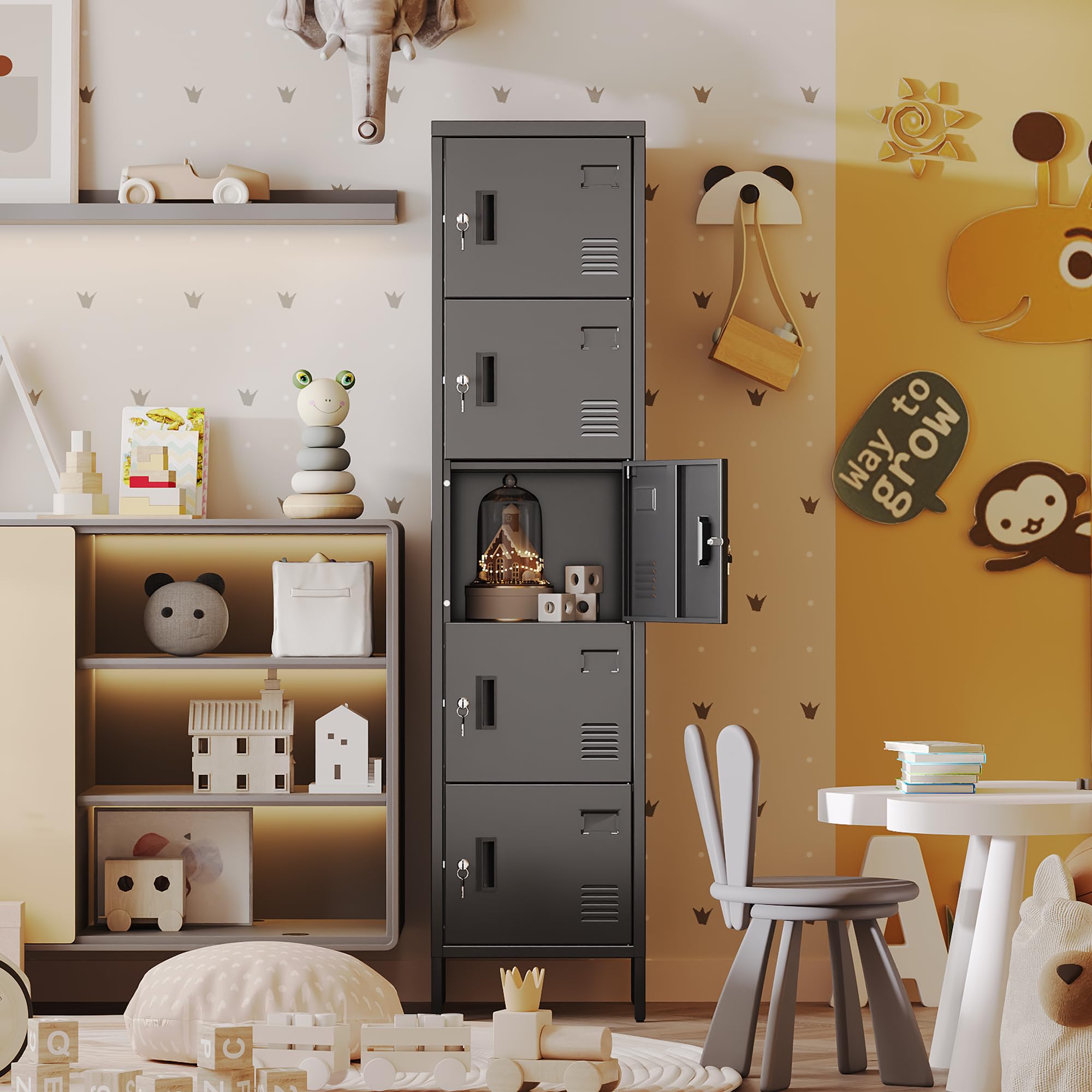 Metallschrank mit Lüftungslöchern, 5-türiger Metallschrank, mit Namensschildfach, Geeignet für Schule, Büro und Zuhause, Zum Selbstaufbau, 168 cm x 40 cm x 40 cm, Schwarz