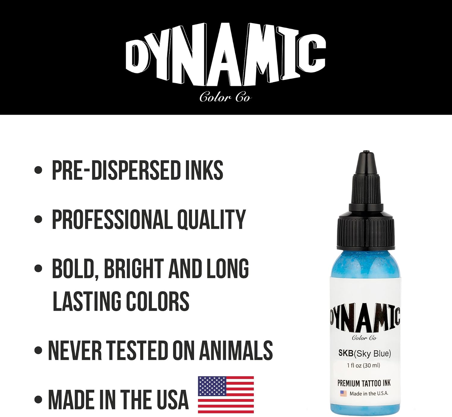 Dynamic Color Sky Blue Tattoo Ink, Made in USA Since 1990, 1 oz | Sterilized and lot-numbered for full traceability; established American brand trusted by artists worldwide