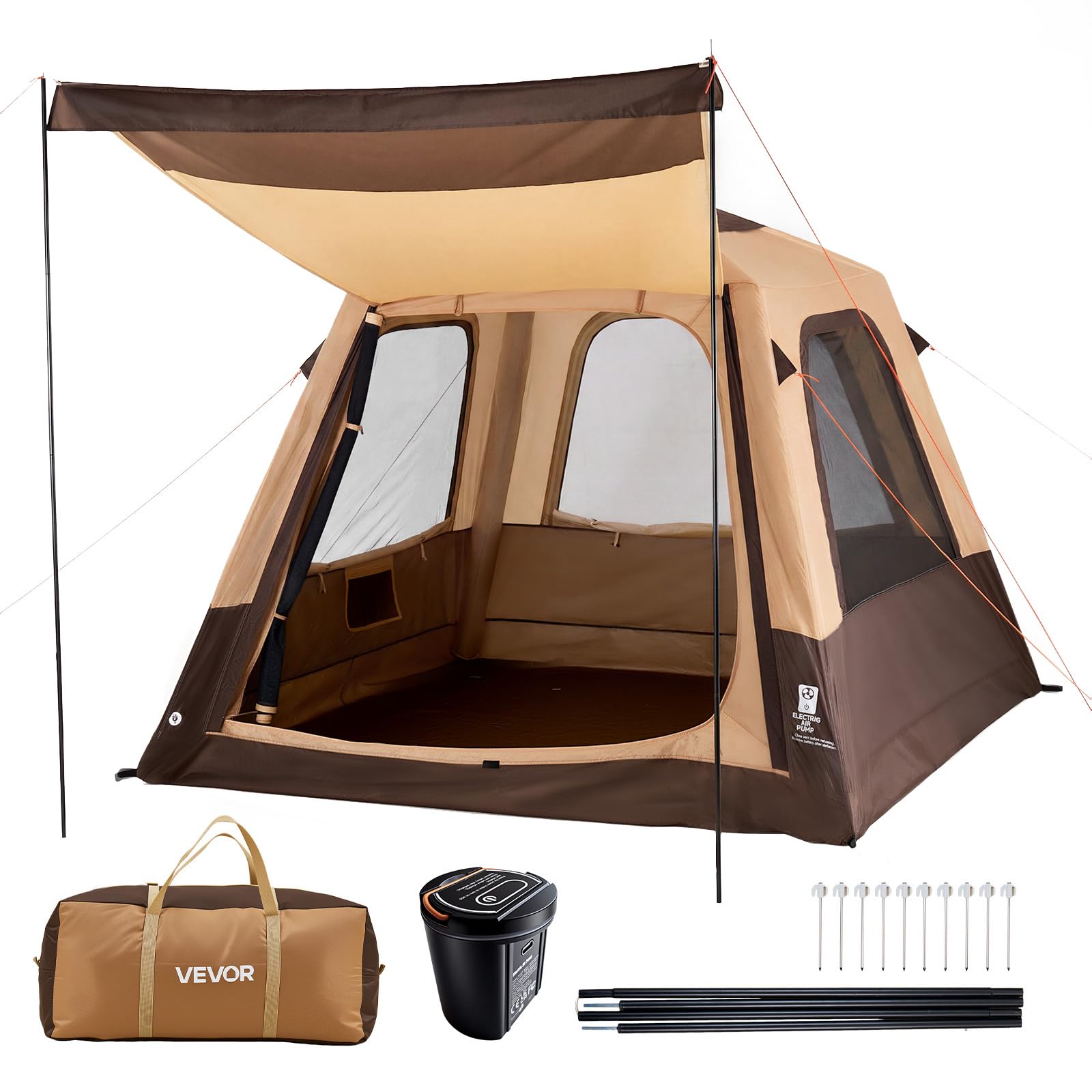 VEVOR Tente Gonflable 4 Personnes Pompe Rechargeable Tente de Camping Beige, pour Randonnée et Pique-niques en Famille, avec Tubes d'Air en TPU, 5 Grandes Fenêtres en Maille, Sac de Transport Portable