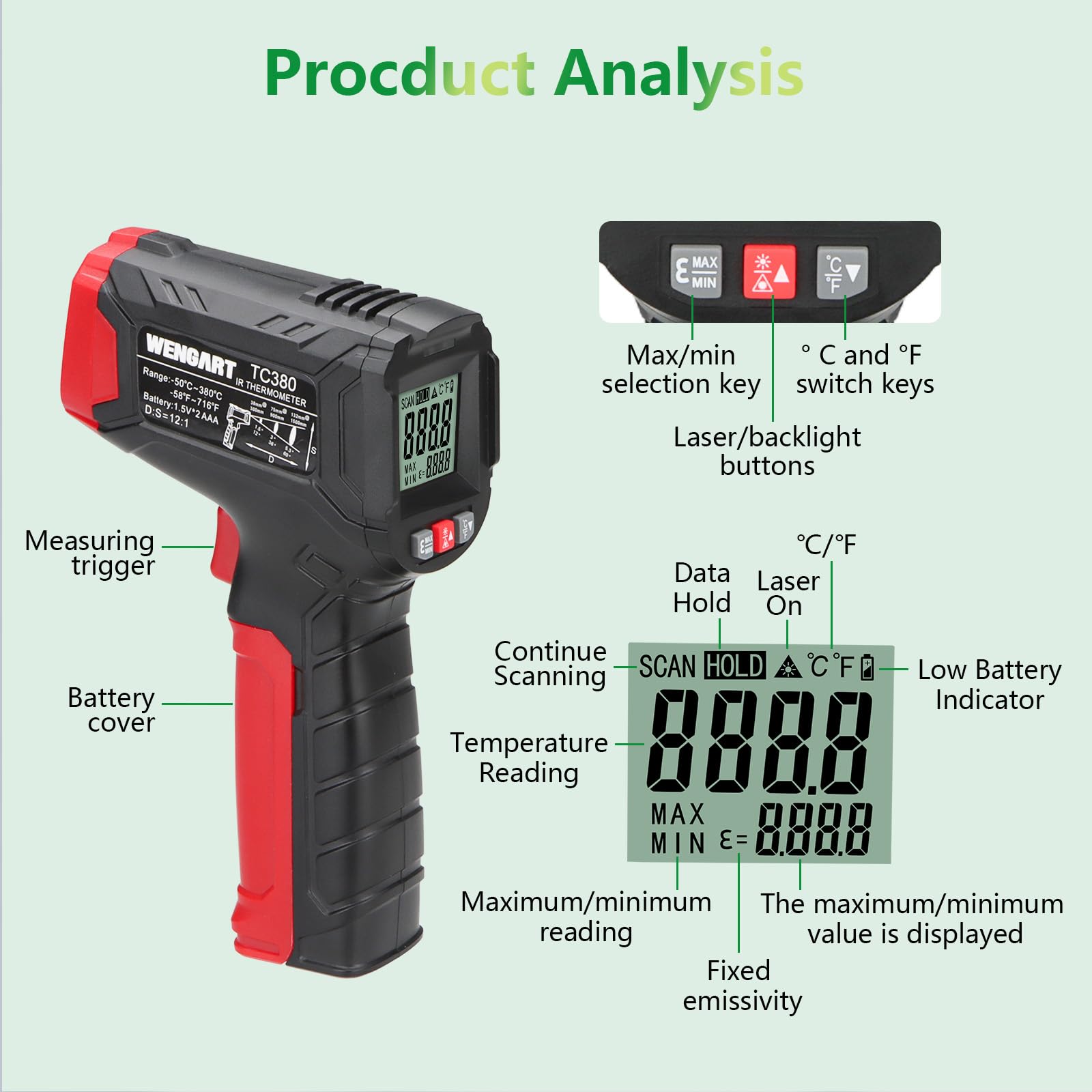 Wengart Termometro a infrarossi WG380 -30°C a 380°C laser portatile senza contatto