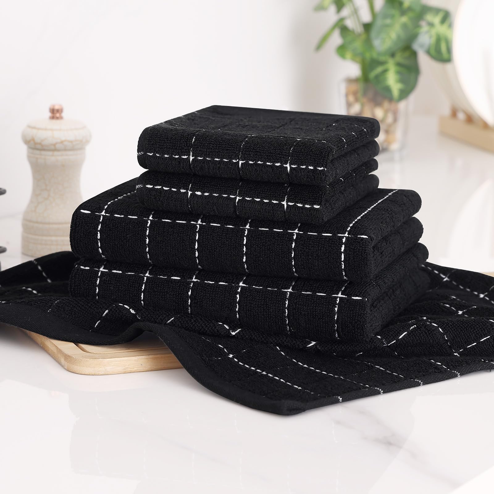 Homaxy Küchentücher und Geschirrtücher Set, 12 Stück, Schwarz | Bulk Baumwoll-Frottee-Küchentücher, kariertes Design, weich und super saugfähig, 30,5 x 30,5 cm und 33 x 71,1 cm