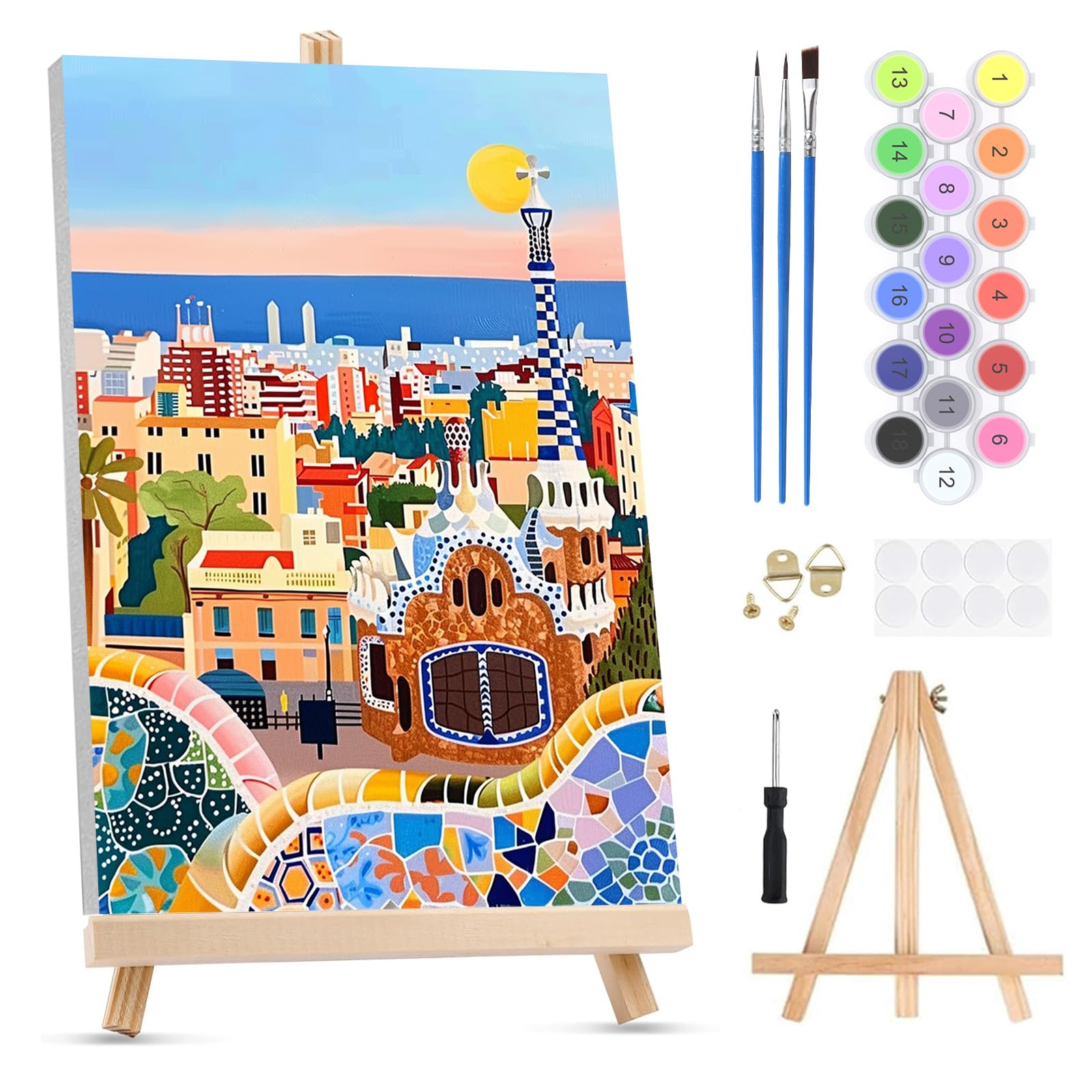 QENSPE Paint by Numbers for Adults on Framed Canvas - with Wooden Easel, Park Guell Painting by Number Kit for Beginners, DIY Barcelona Acrylic Oil Painting for Home Wall Decor 8x12 Inch