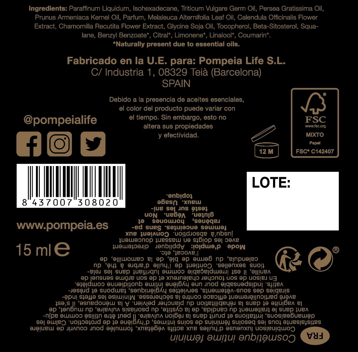 Olevm íntimo di Pompeia, cosmético íntimo femenino - 15ml tamaño viaje con bolsa de terciopelo.