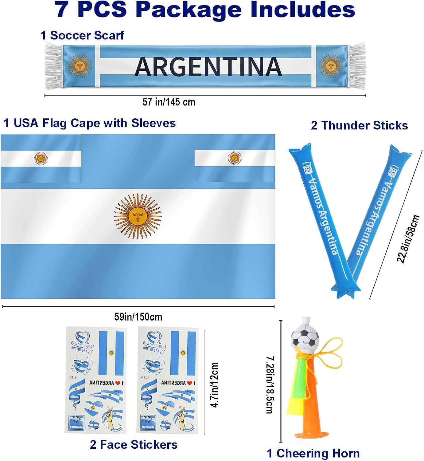 2026 World Cup Gear Fan Set, 7 Piece Flag Cape Costume with Flag Cape, Scarf, Stickers Thunder for World Cup Party Favors