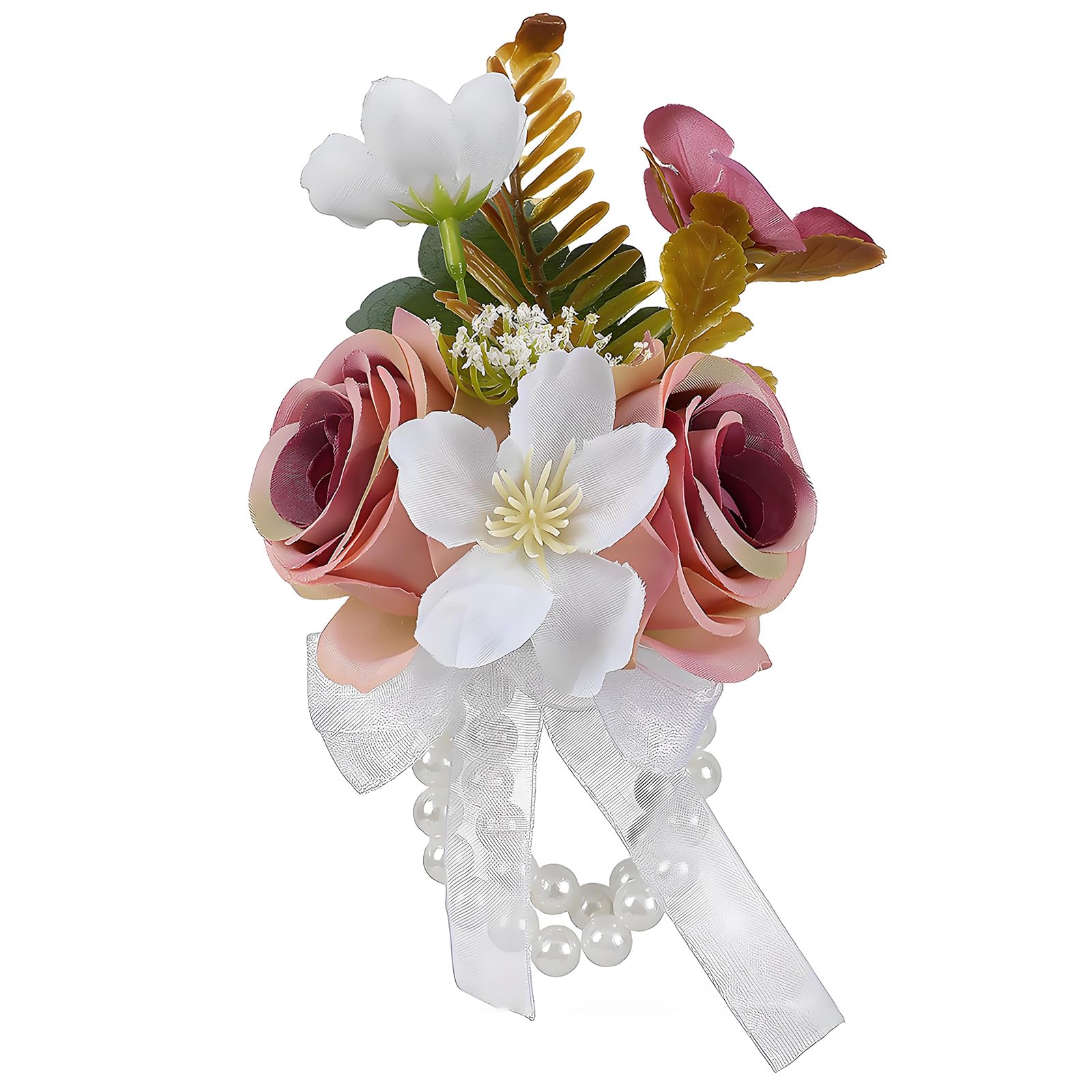 PANGBOER Double Pearls Wrist Flower for Wedding Bride Bridesmaid Party Accessory Lovely Florals Wristband Double Stone Wedding Wrist Nosegay
