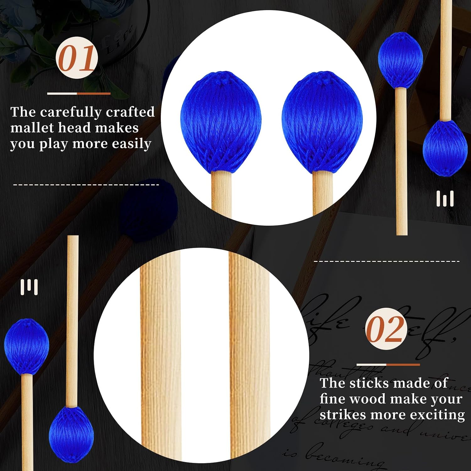 8 Pcs Marimba Mallets Medium Blue Yarn Hard Mallets Keyboard Marimba Mallets with Maple Handle for Percussion Marimba Glockenspiel Playing