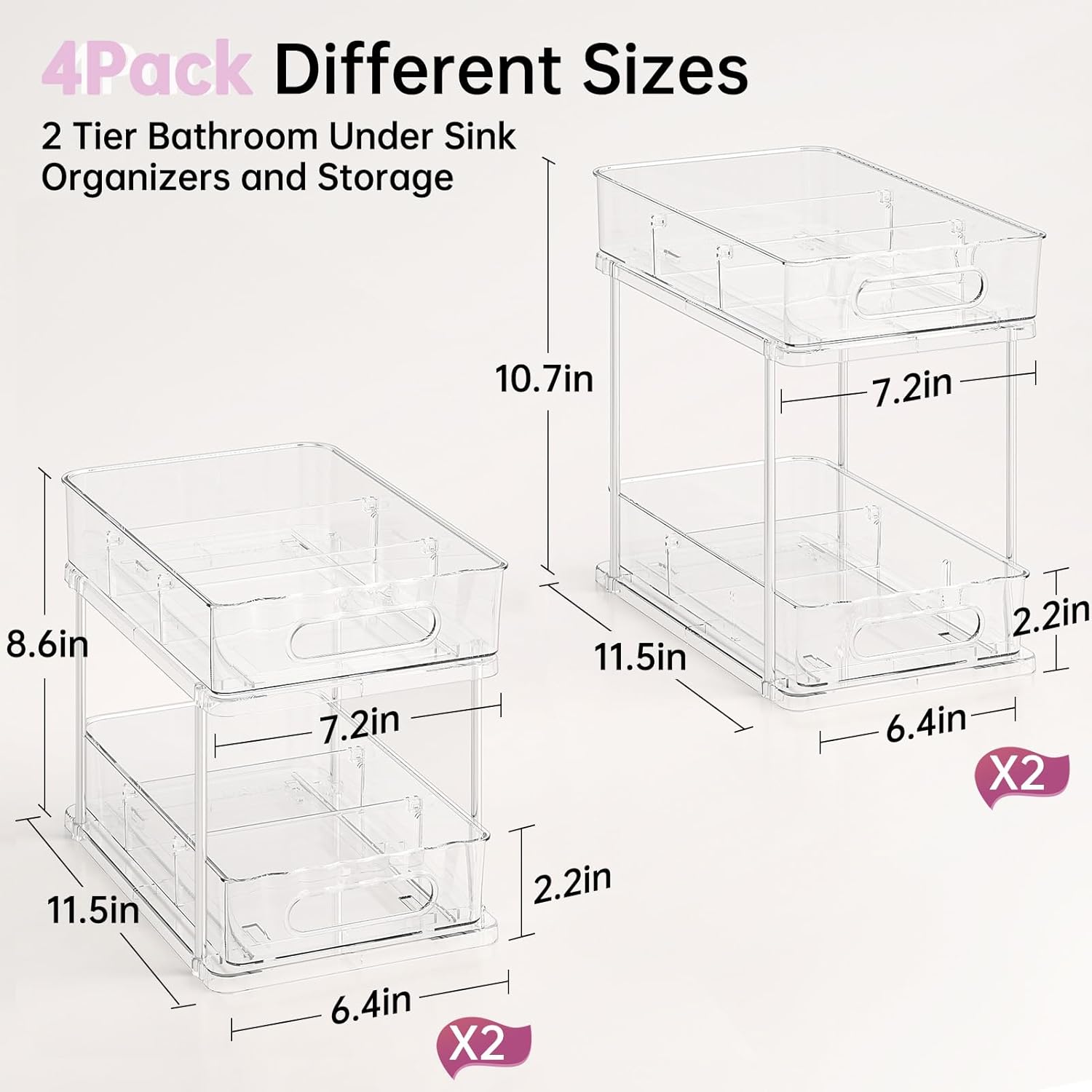 Delamu 2 Tier Snap-Lock Bathroom Under Sink Organizers and Storage, Multi-Purpose Cabinet Drawers with Movable Dividers, Pull Out Organization for Countertop, Kitchen and Pantry(Clear, 4 Pack)