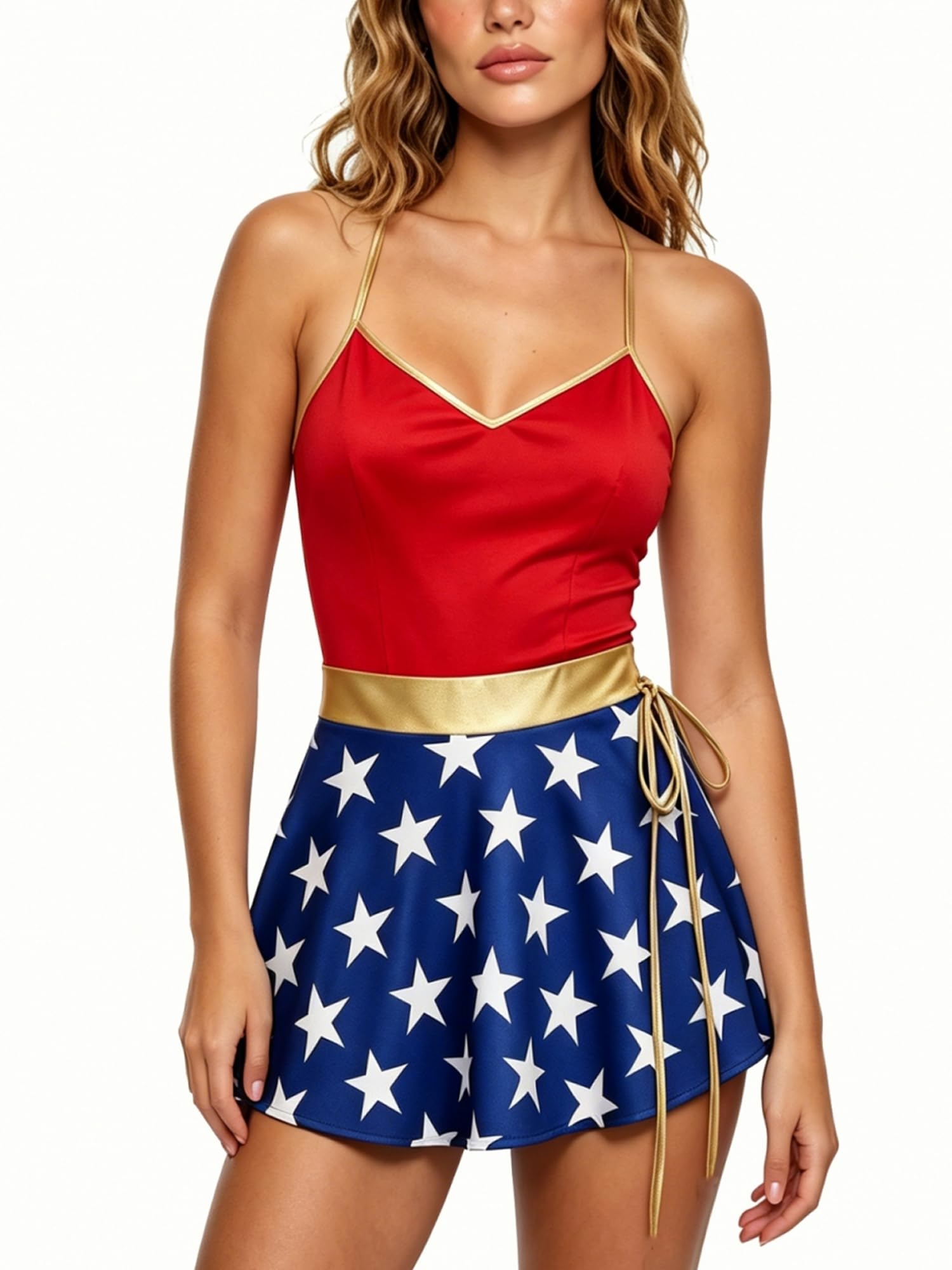 Felcia Women Halloween Superhero Costume Stars Print Mini Dress & Headband (A-Red, M)