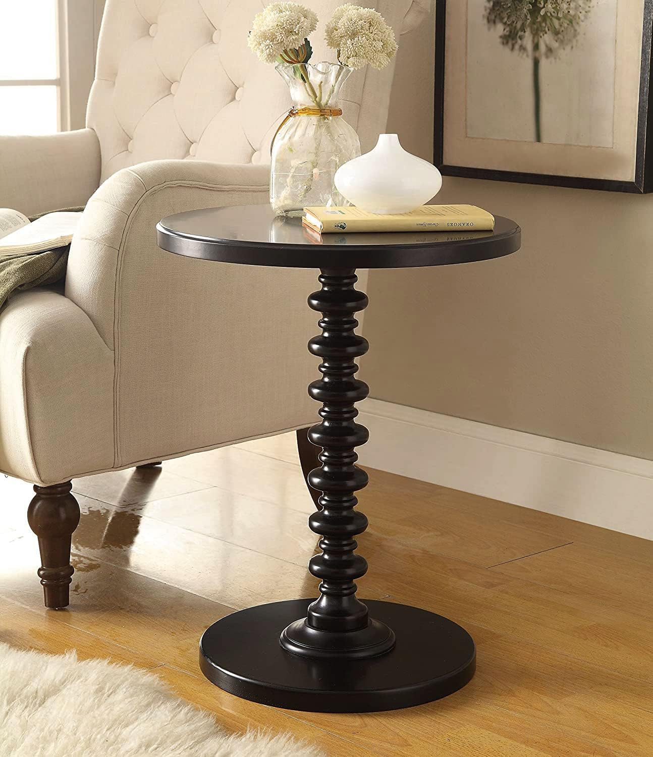 Assembly Round Coffee End Tables for Living Room, Accent Furniture Pedestal Table, Nightstand Decor Side Tables for Bedroom-Black