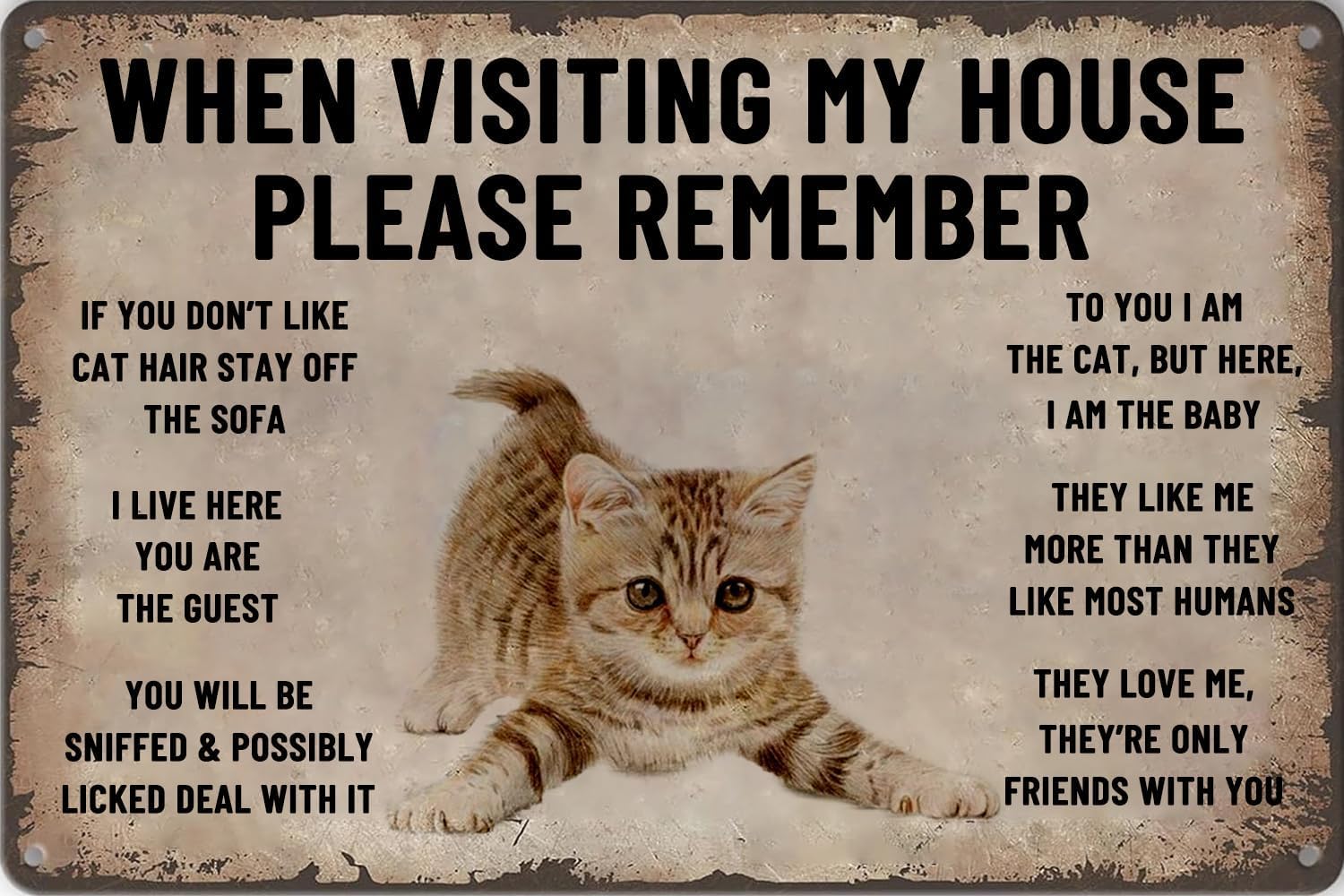 SMAZDFXX for Cat Lovers When Visiting My House Please Remember Tin Signs Vintage Funny Cat Wall Art Poster Cat Bathroom Decor for Home Bedroom Kitchen House Rules Metal Sign 12"x16"