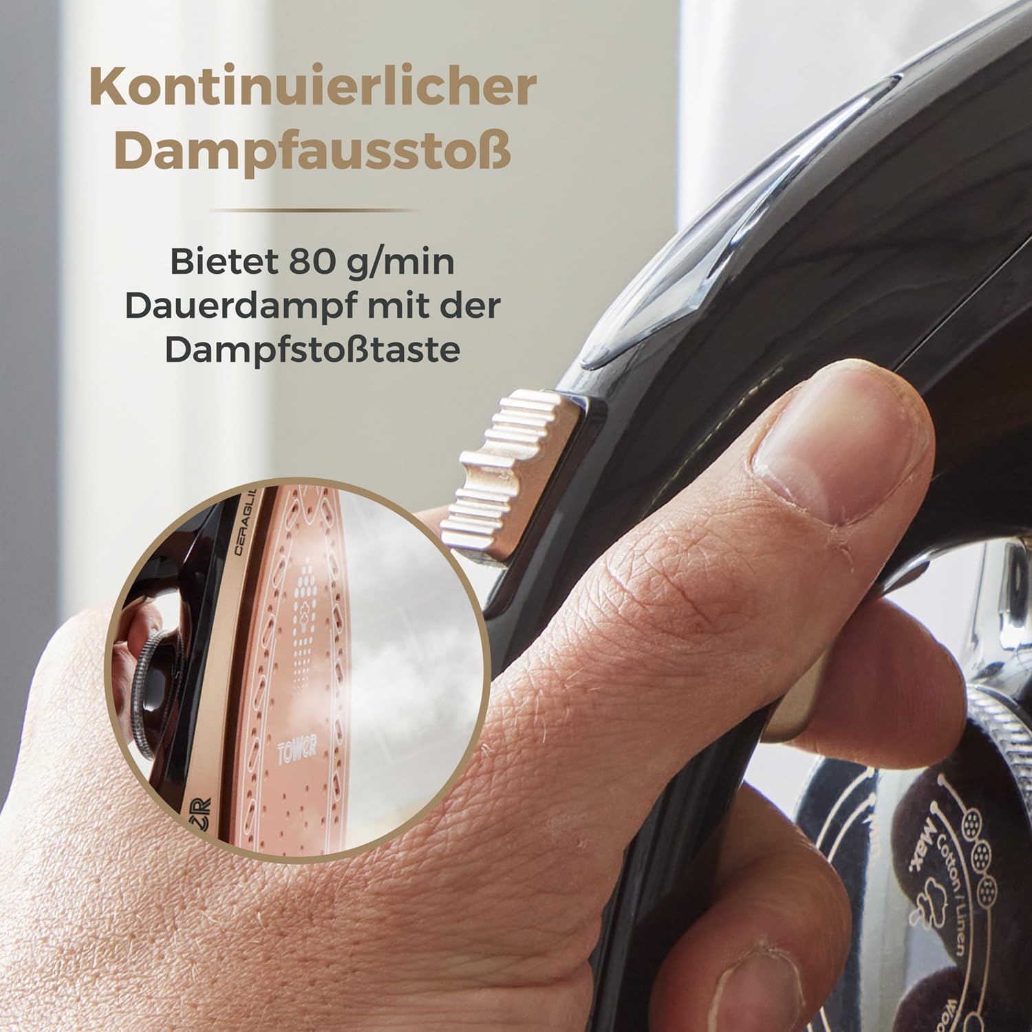 Tower T22023GLD Ceraglide Bügeleisen mit Dampfbügelstation - Dampfbügeleisen mit Dampfstoßtaste – Bild 6