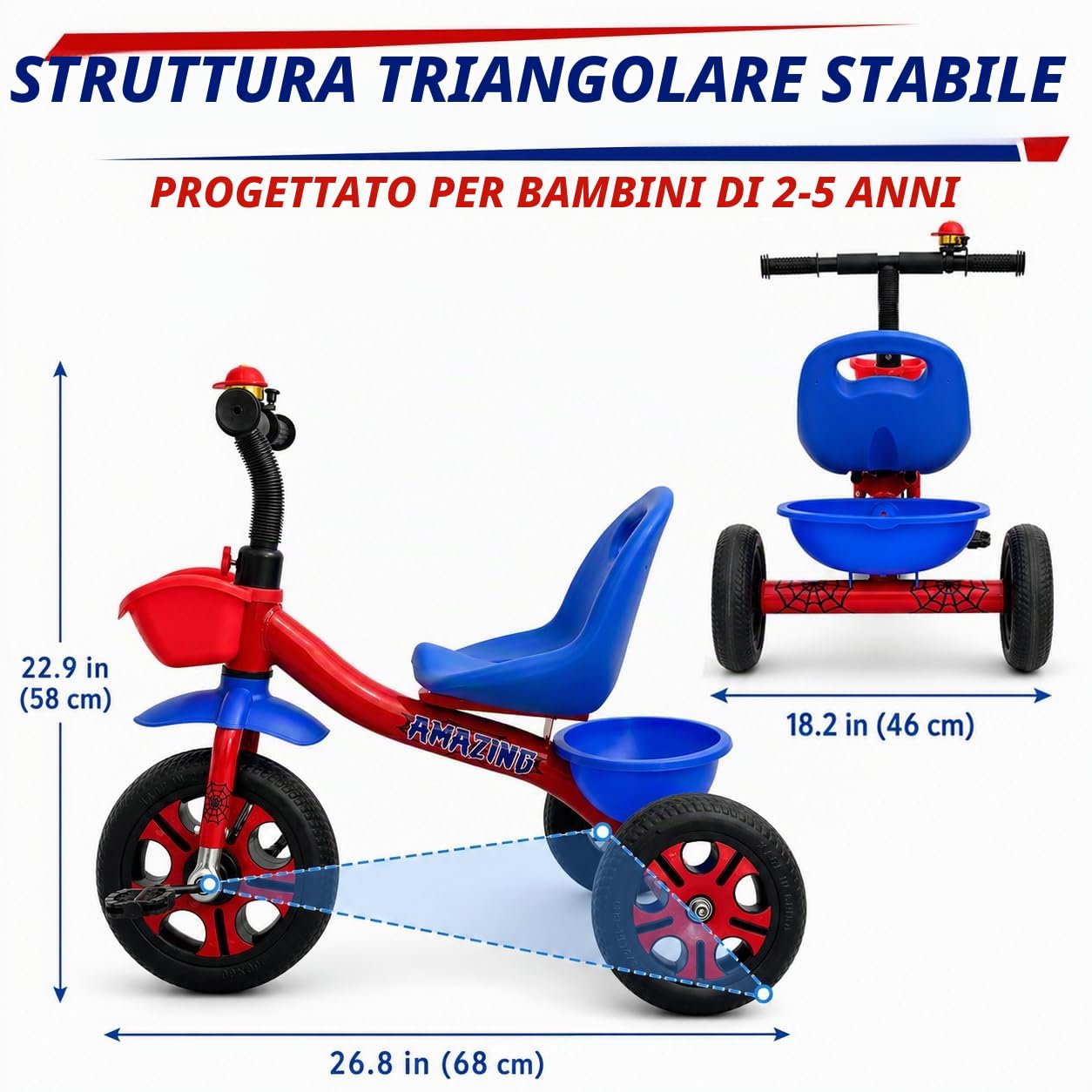 Triciclo a forma di ragno per bambini da 1 a 5 anni, bicicletta senza pedali con sedile regolabile e ampio cestino portaoggetti. Regalo perfetto per bambini e bambine da 1 a 5 anni.