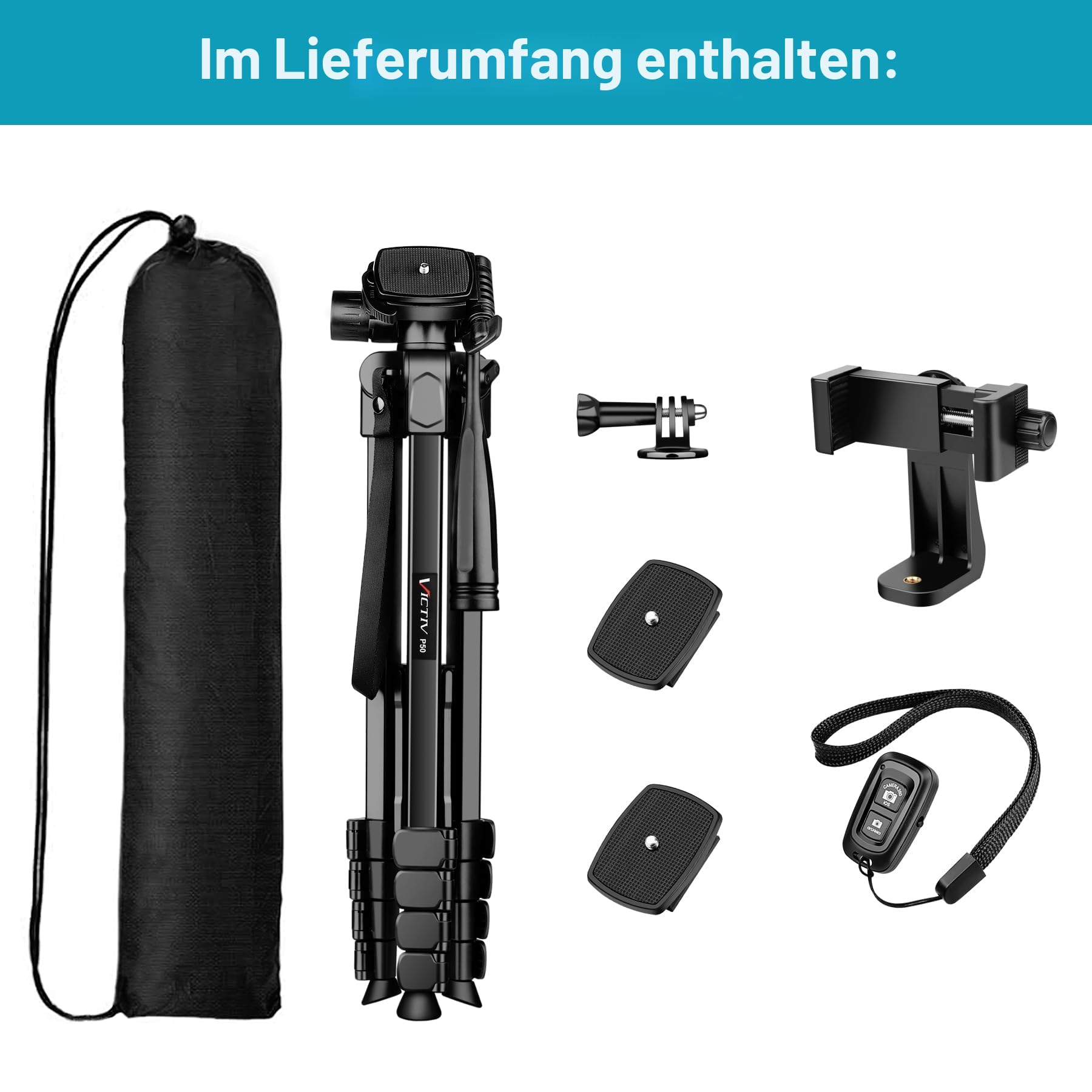 Victiv Neues Kamera Handy Stativ, 172cm Tragbares Camera Tripod, Aluminium Dreibein Stativ mit Abnehmbar 3-Wege-Kopf for für DSLR Canon Nikon Sony Action Kamera, Fotostativ für iPhone Smartphone