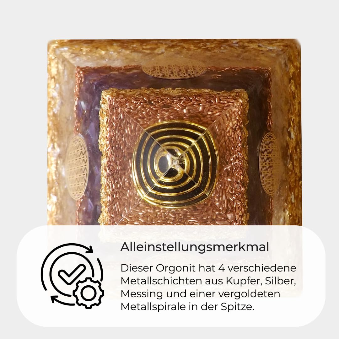 XXL Orgonit Pyramide Groß nach Wilhelm Reich mit Bergkristall, Schungit & Amethyst - Orgonit Orgon Edelstein Pyramide Handgefertigt in Nürnberg